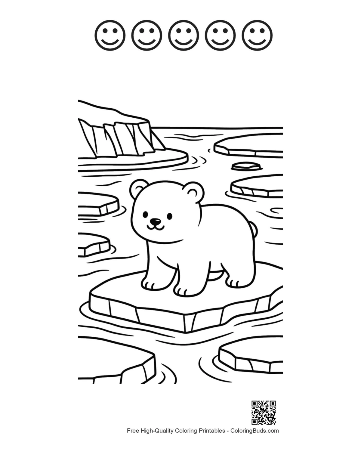 Cute polar bear ice page with happy faces outlines