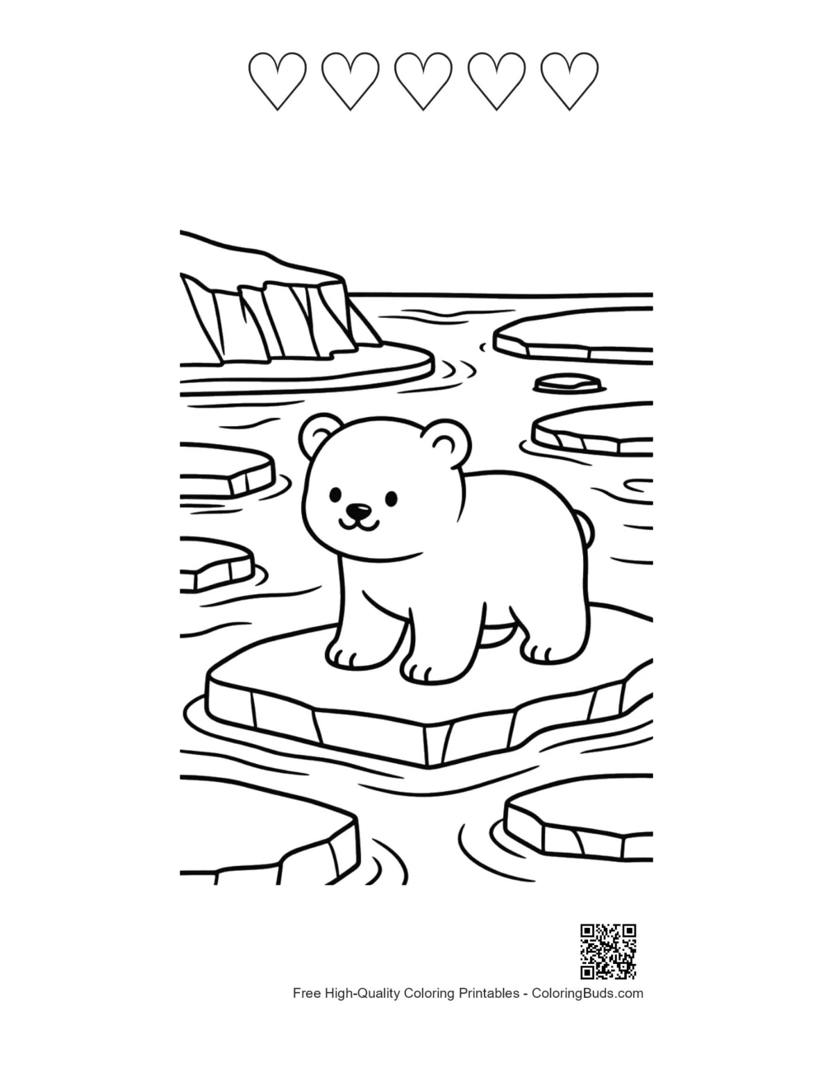 Baby polar bear coloring with heart outlines printable