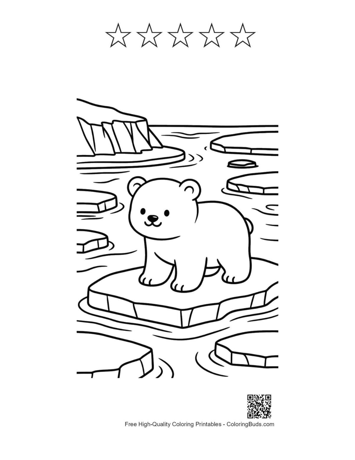 Polar bear coloring page with 5 star outlines