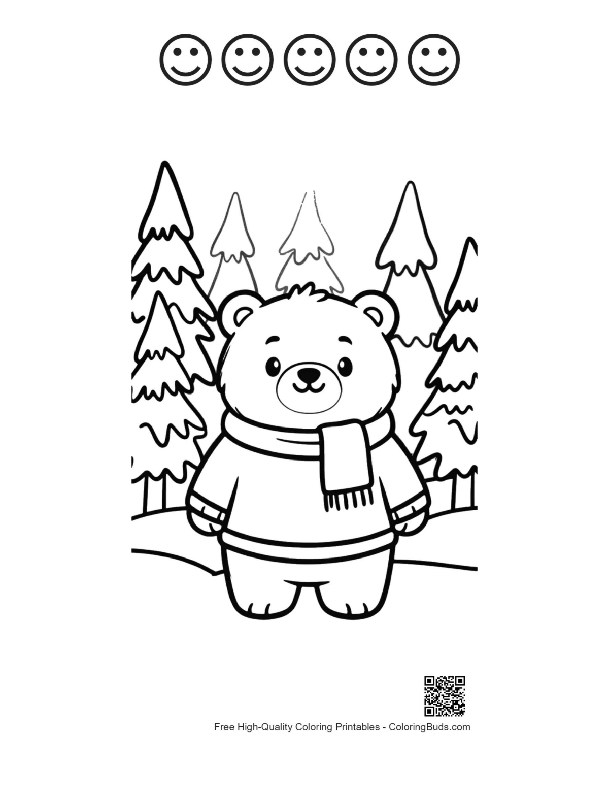 Cute polar bear with 5 happy faces outline printable