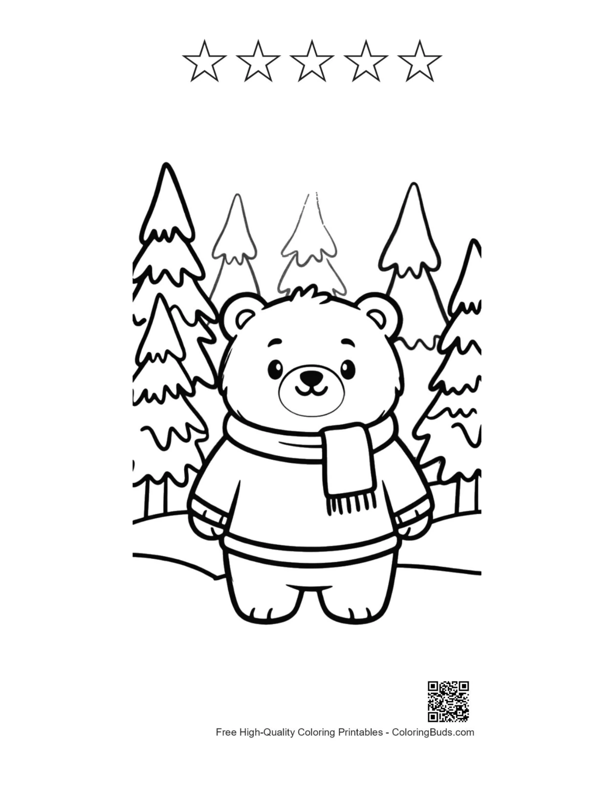 Cute polar bear with 5 star outlines printable for kids