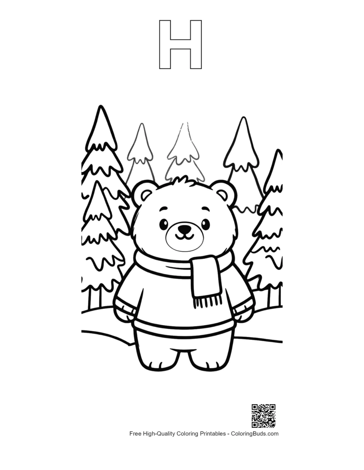 Cute polar bear outline with alphabet H for kids printable