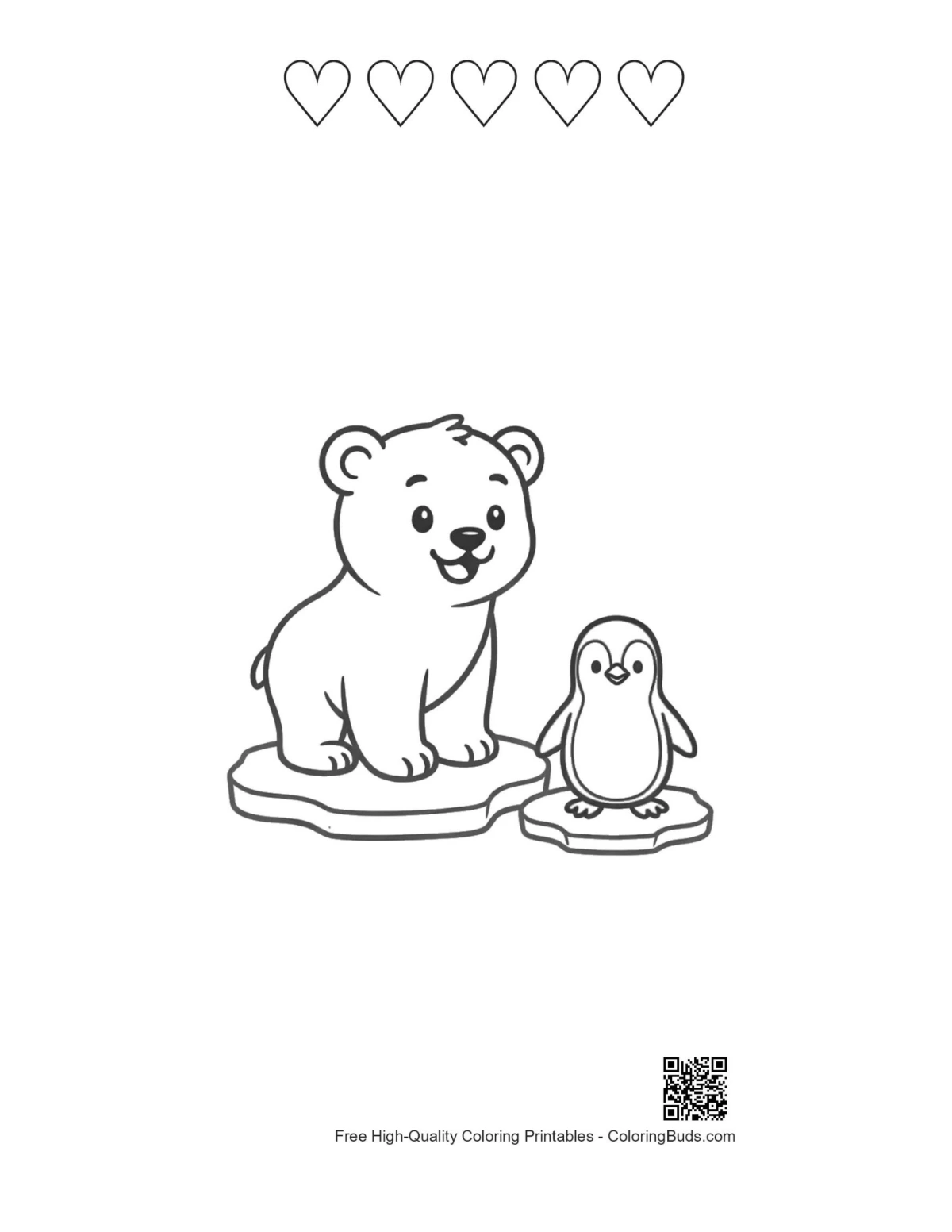 Cute polar bear with 5 hearts printable