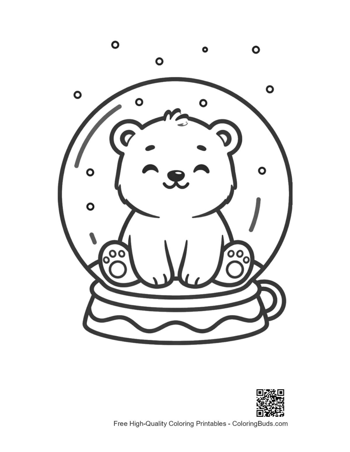 Polar bear cub in snowy crystal ball printable coloring page