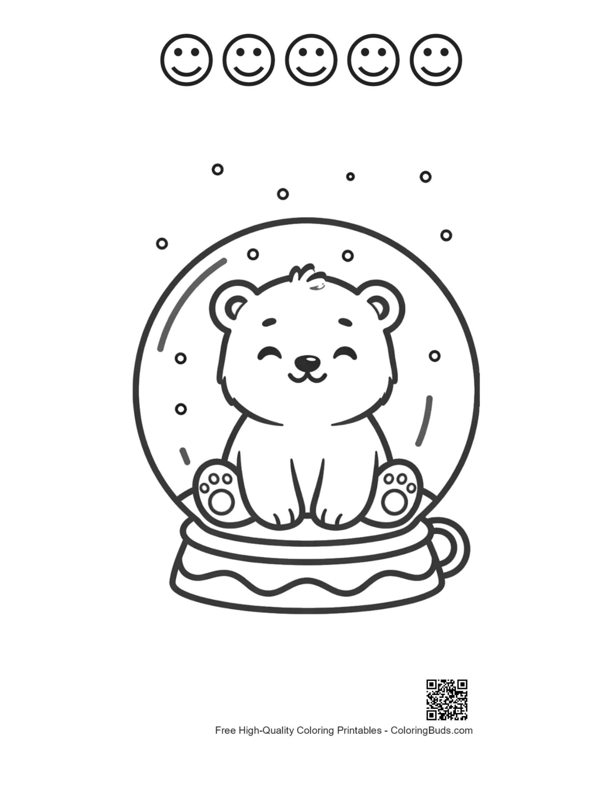 Polar bear cub in crystal ball with 5 happy faces outline