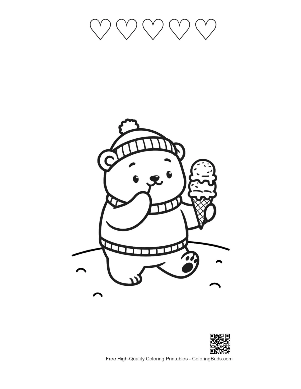 Polar bear cub ice cream printable with heart outlines