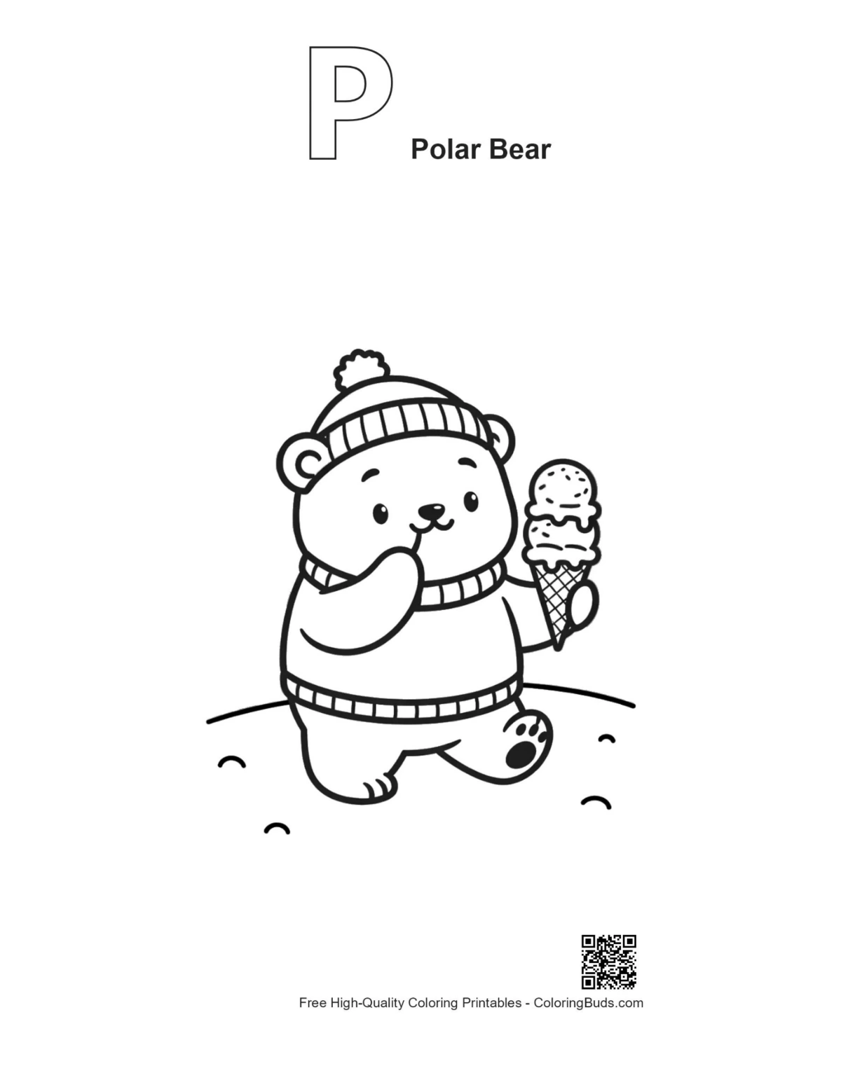 Polar bear cub ice cream printable with P alphabet outline