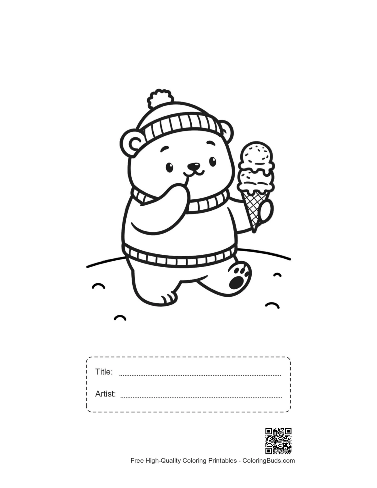 Funny polar bear cub ice cream printable with title box