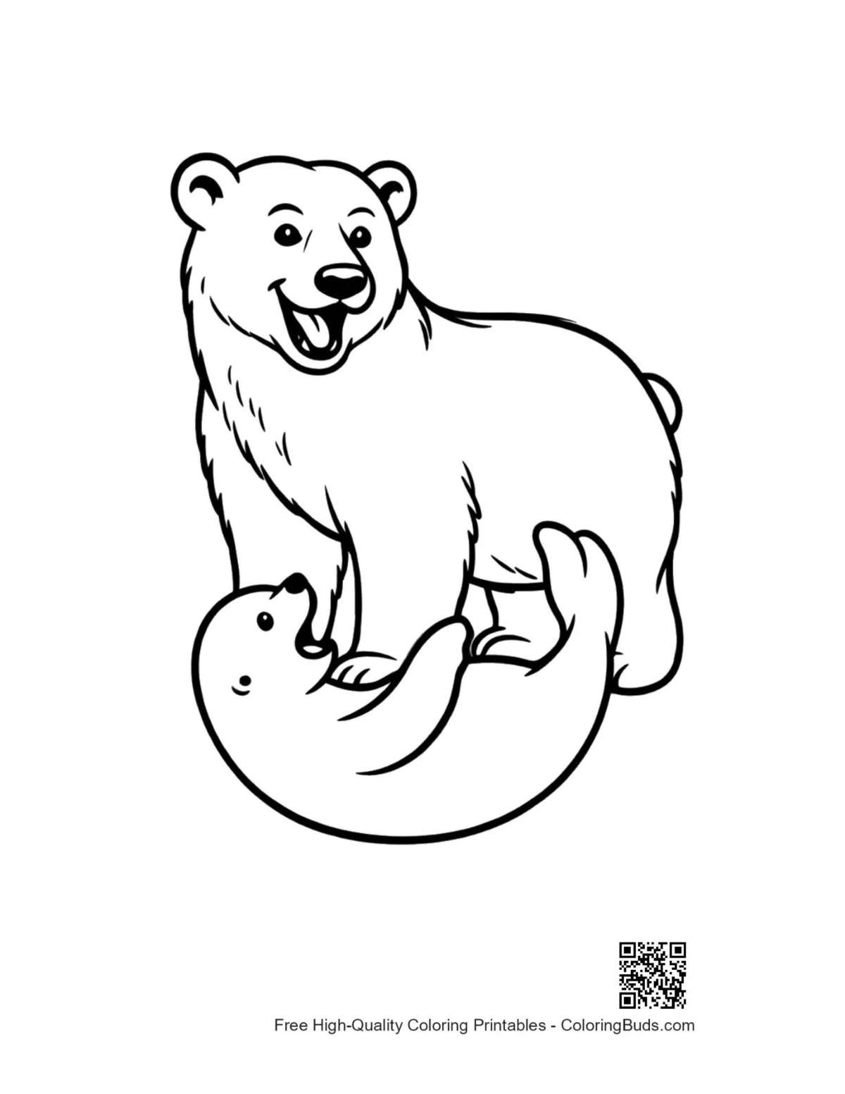 Cute happy polar bear playing with seal illustration