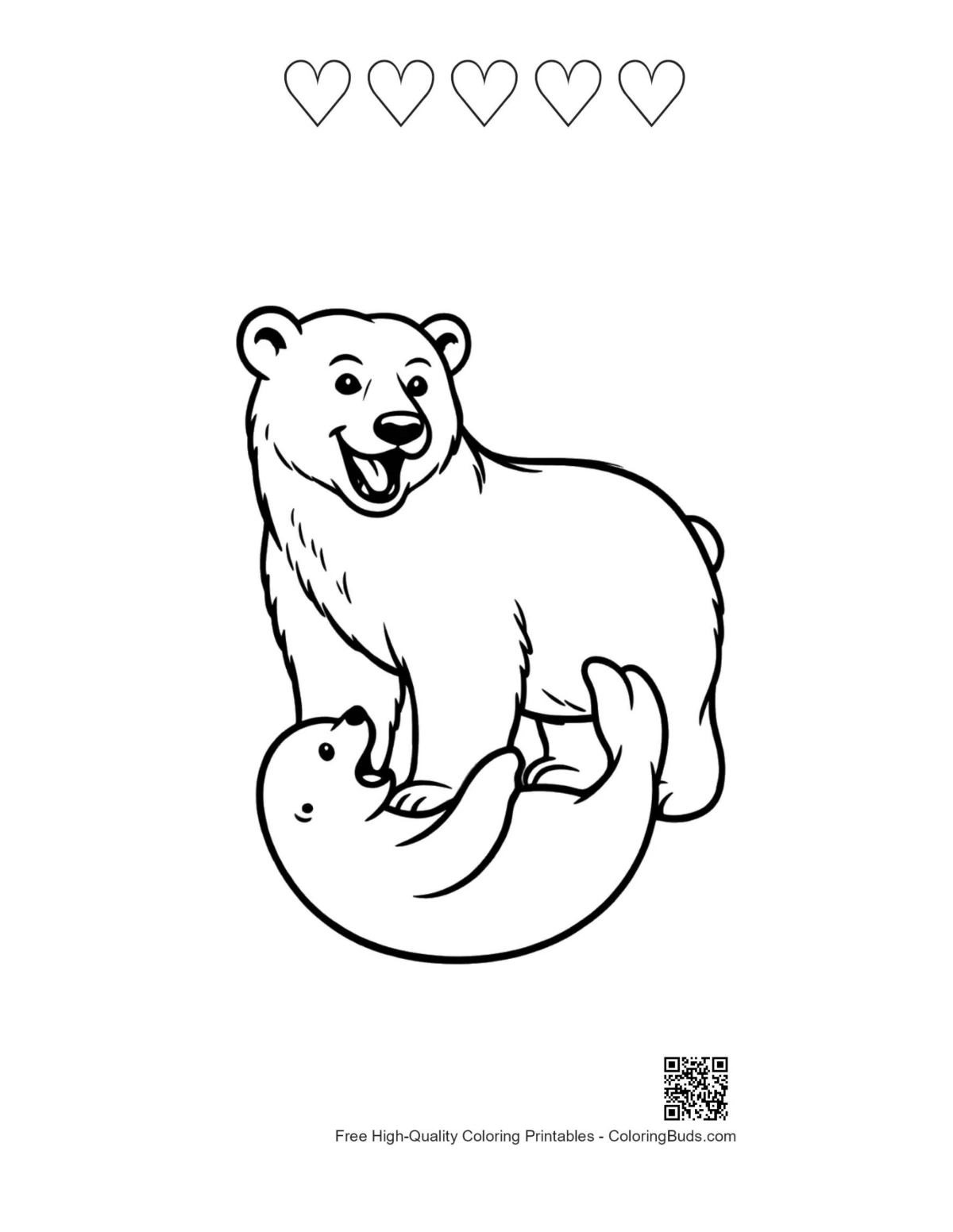 Heart-themed happy polar bear seal printable outlines