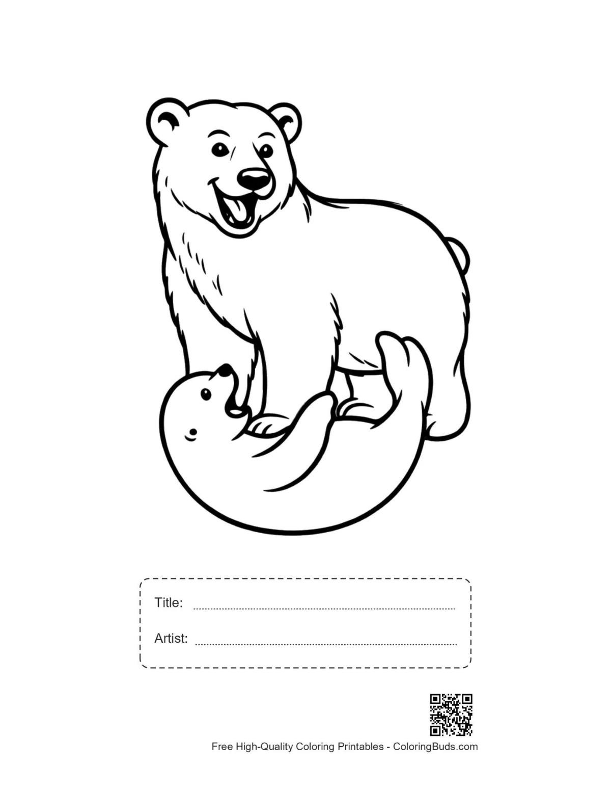 Printable happy polar bear with seal, title and artist space