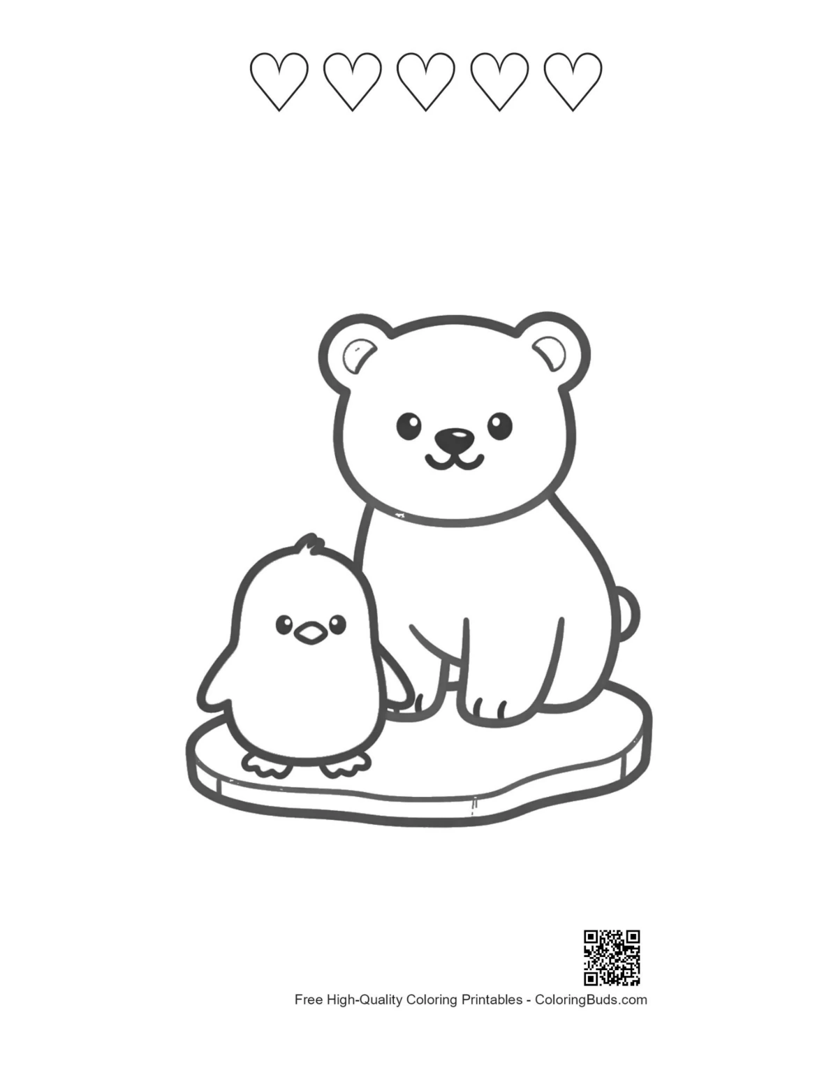Polar bear cub penguin iceberg 5 heart outlines coloring page
