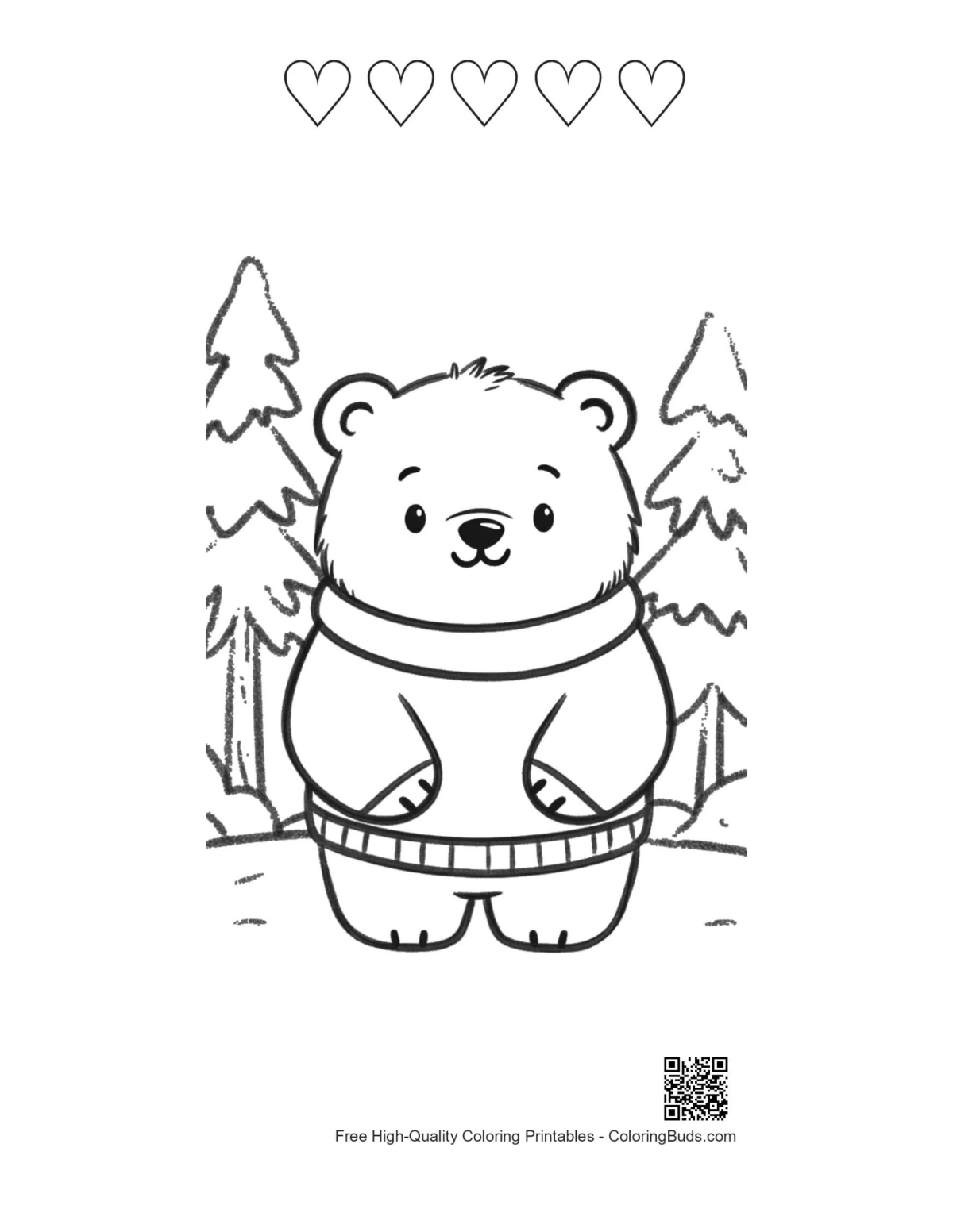 Polar bear sweater coloring page with 5 heart outlines printable