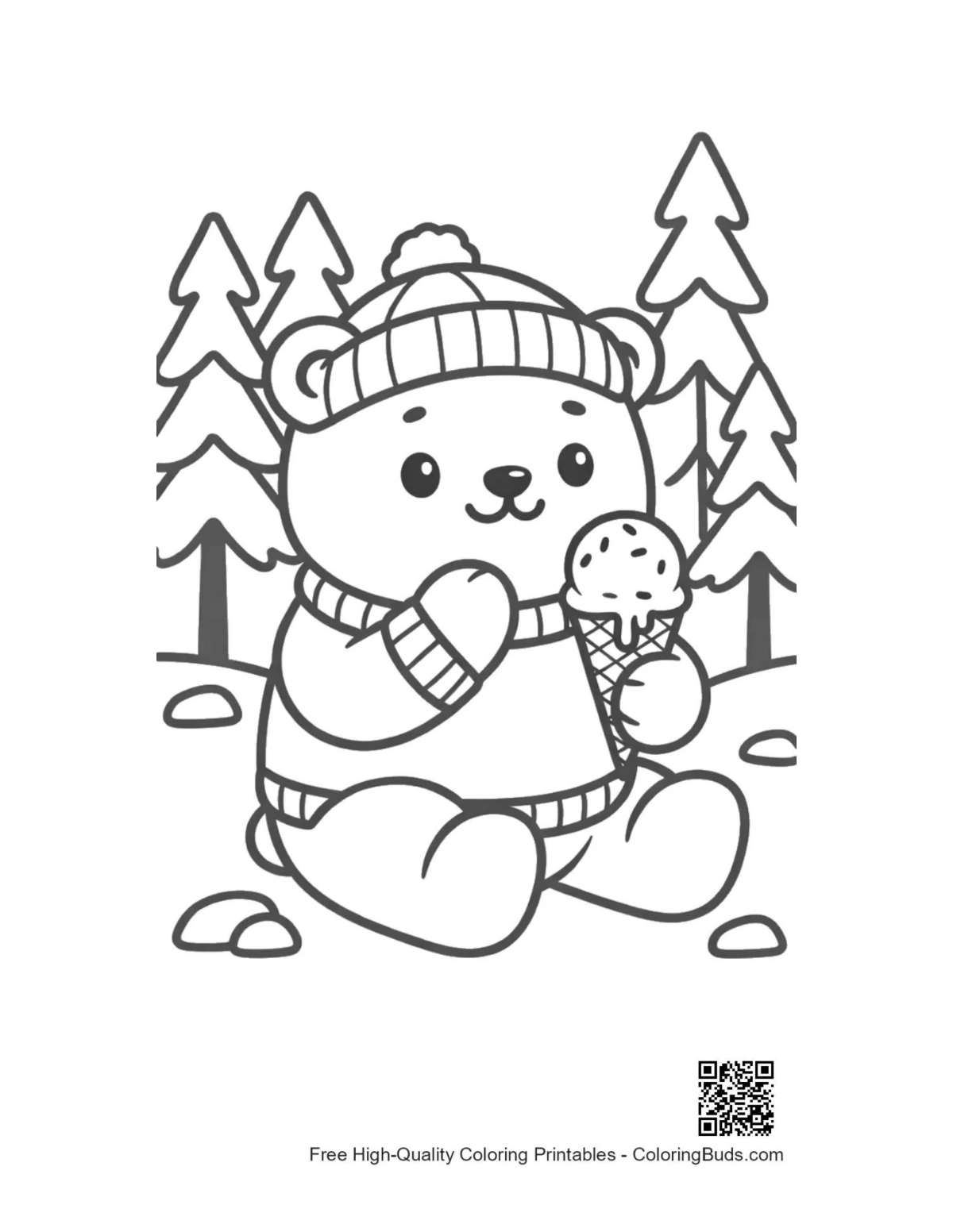 Cute polar bear in snowy hat with ice cream cone printable