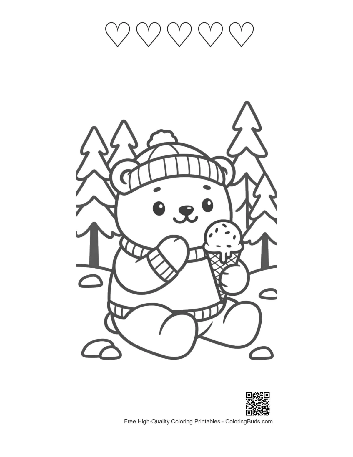 Polar bear printable with 5 heart outlines