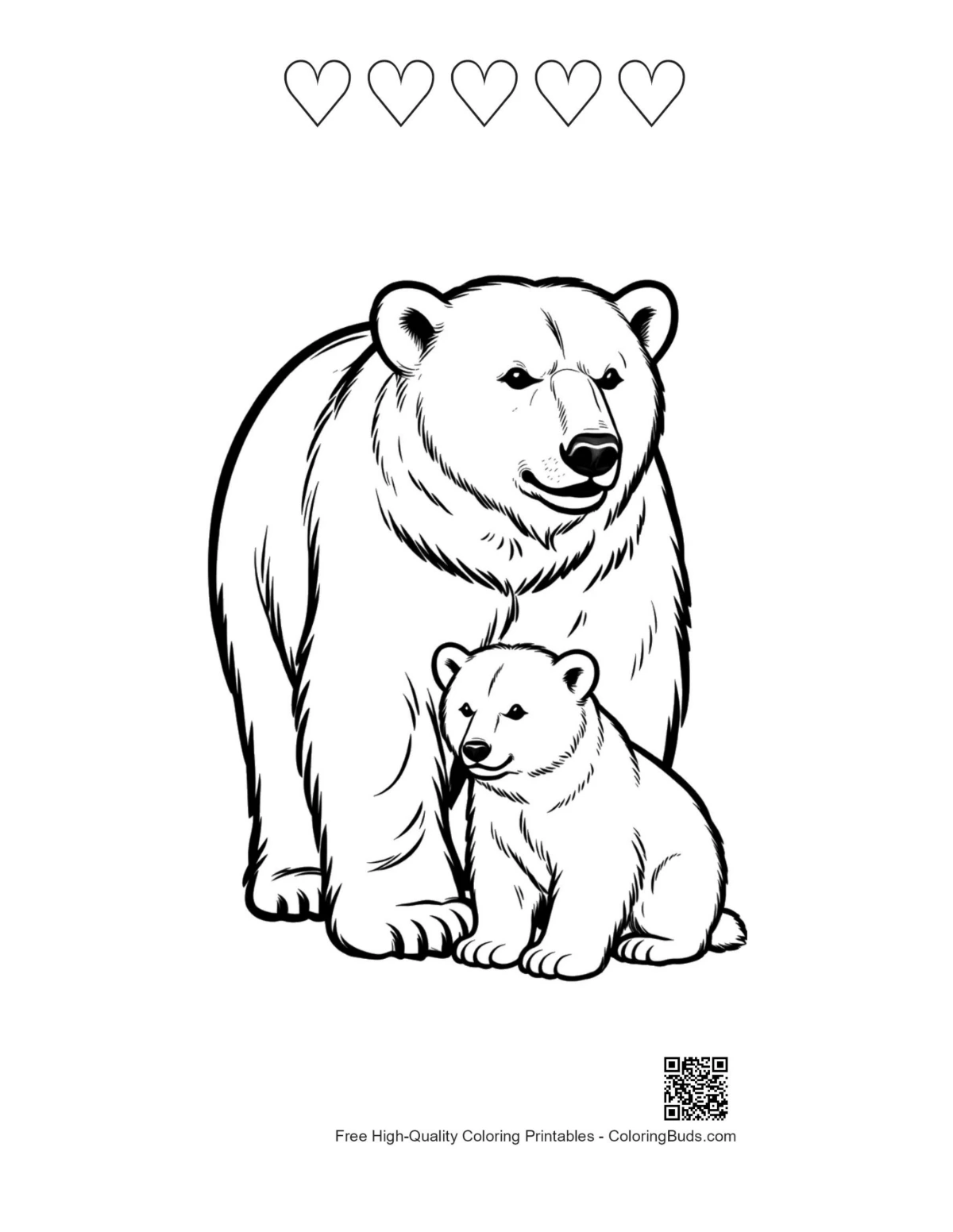 Polar bear mother cub with 5 heart outlines