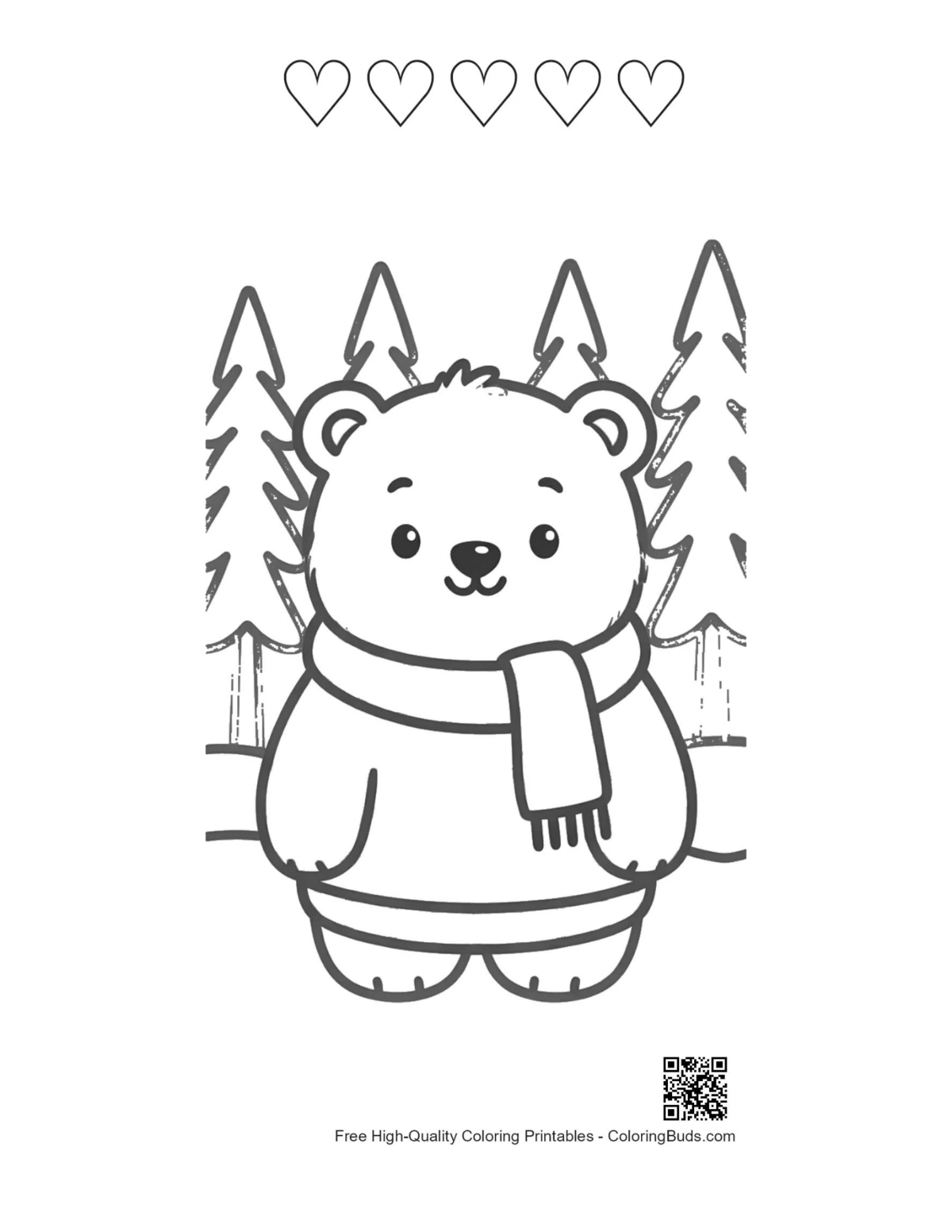 Polar bear with 5 heart outline printable