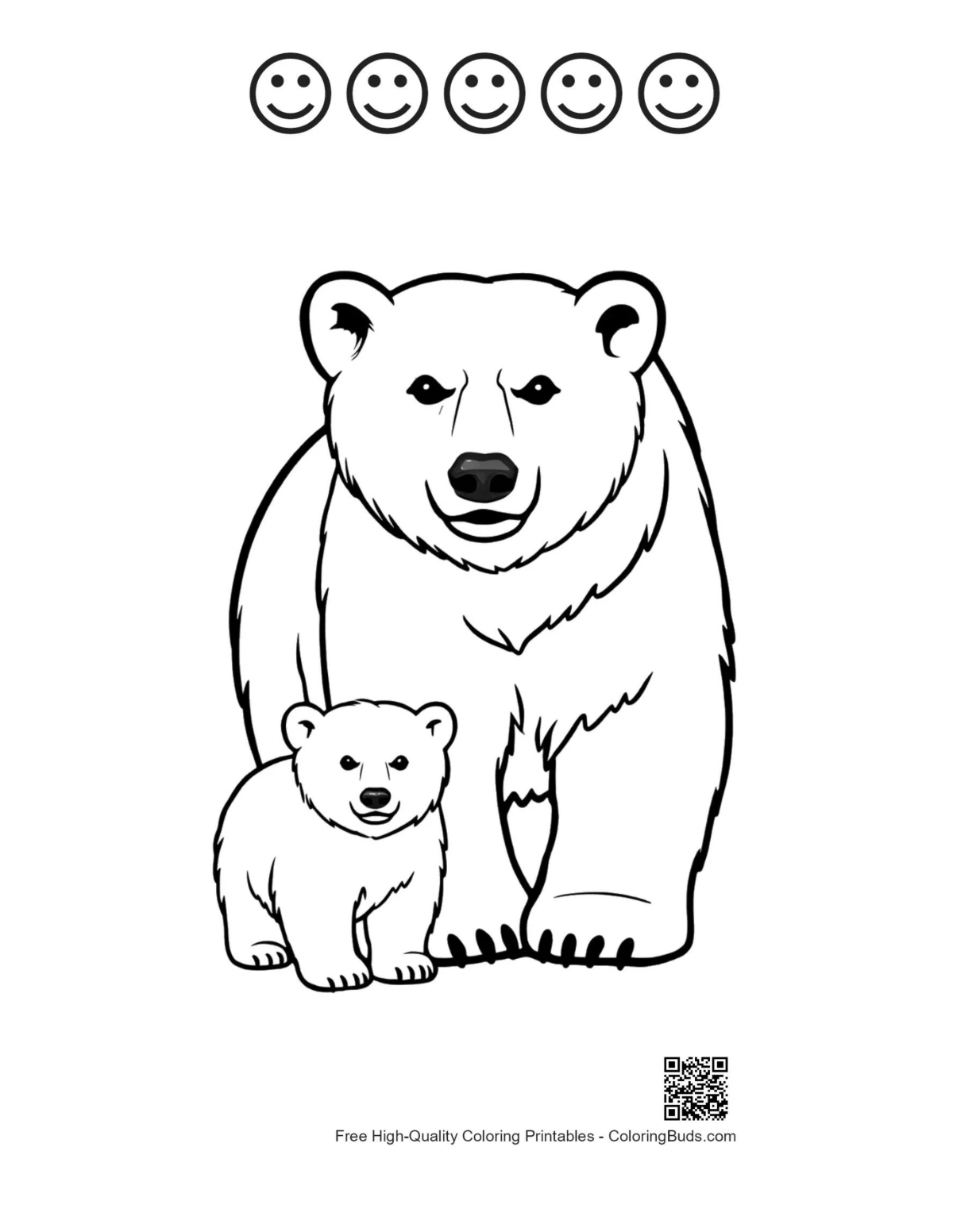 Polar bear coloring page with 5 happy faces