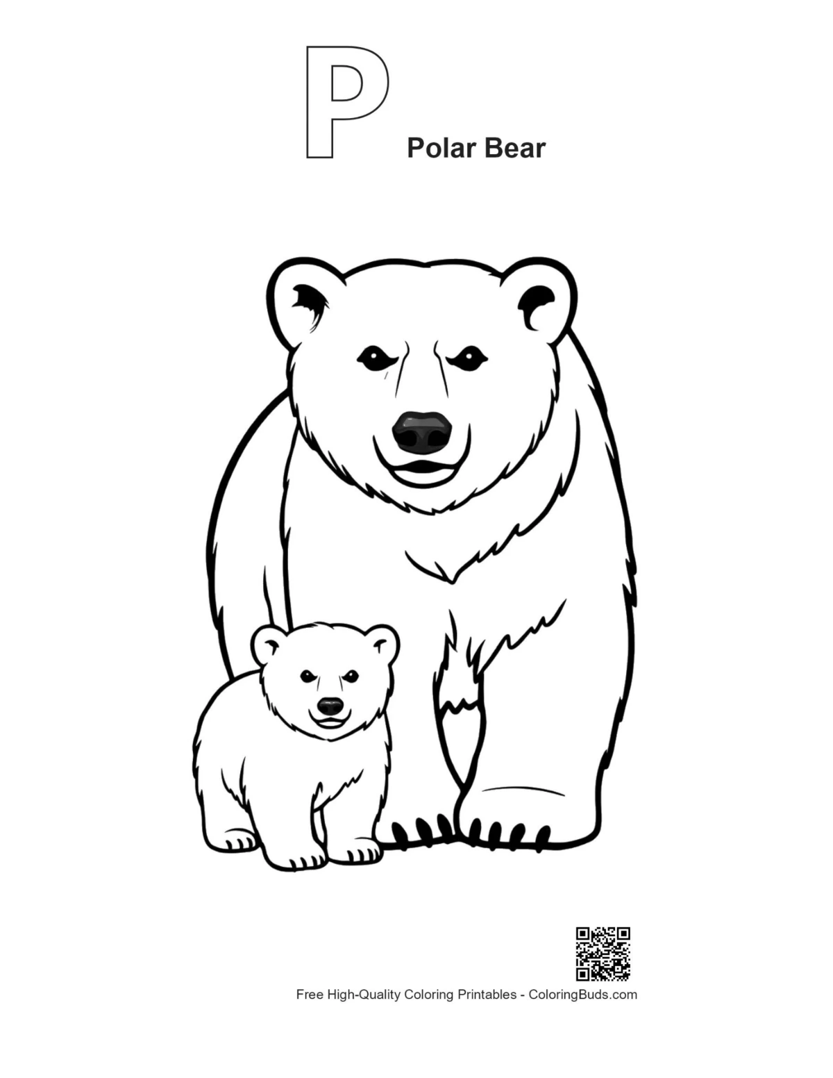 Polar bear outline with alphabet P printable coloring page