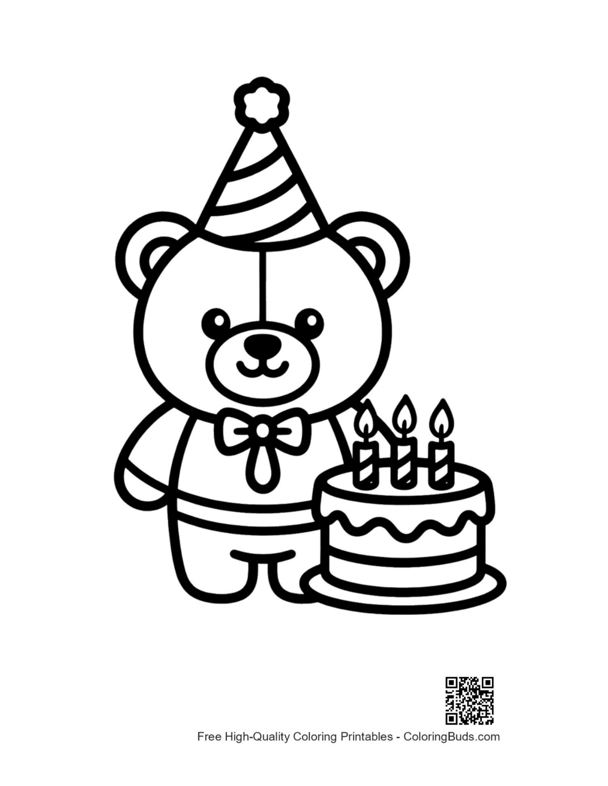 Cheerful teddy bear birthday cake coloring printable