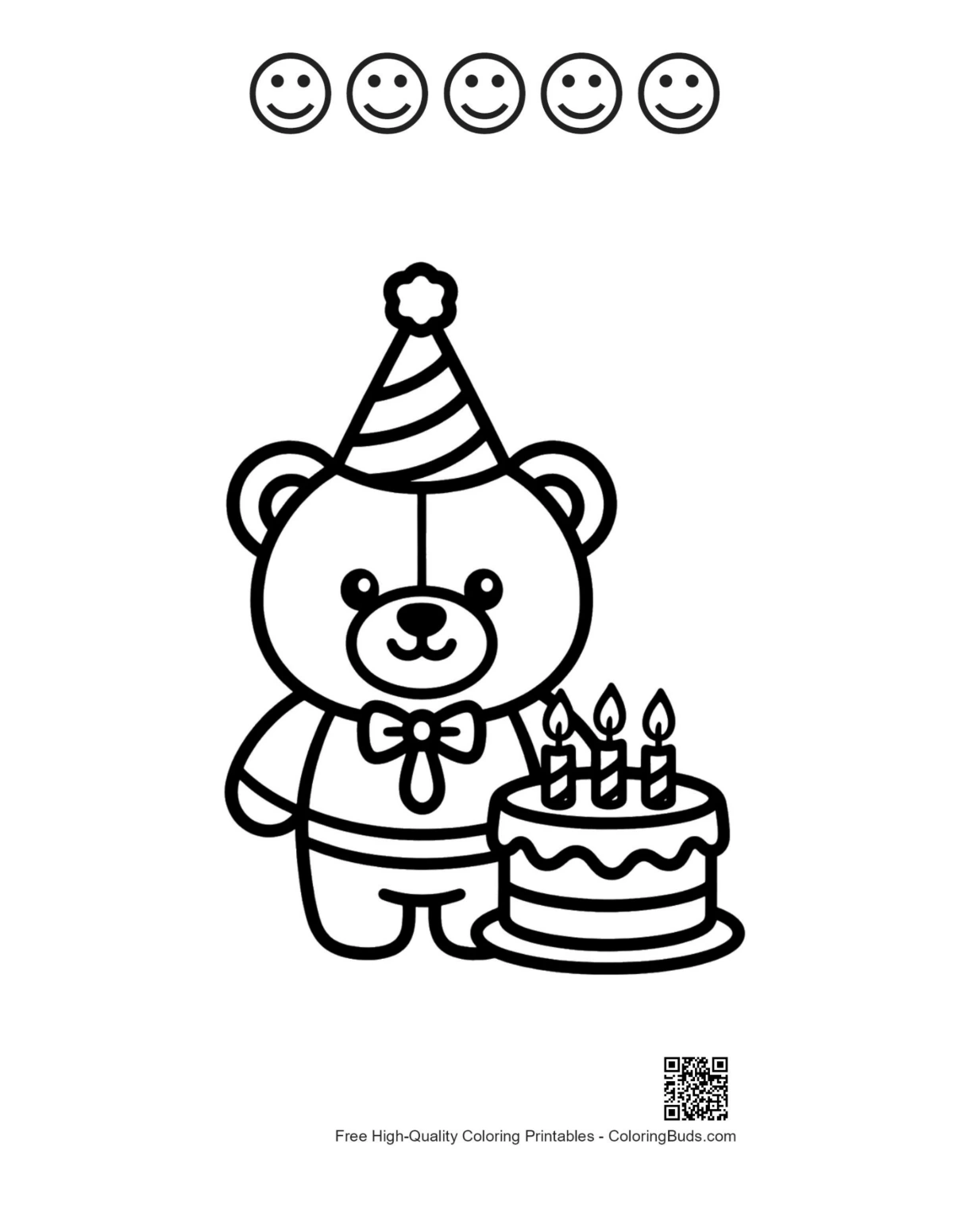 Teddy bear birthday printable with 5 happy faces