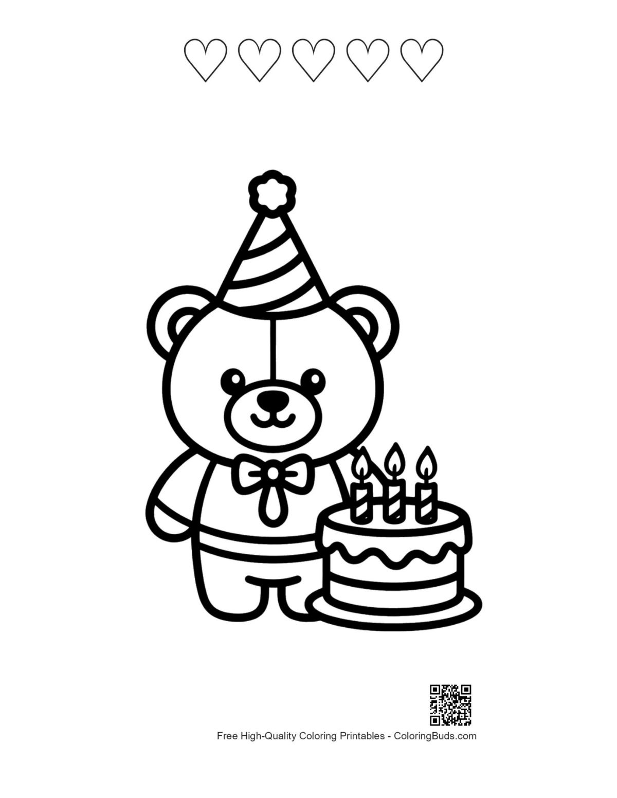 Cheerful teddy bear cake with 5 hearts printable
