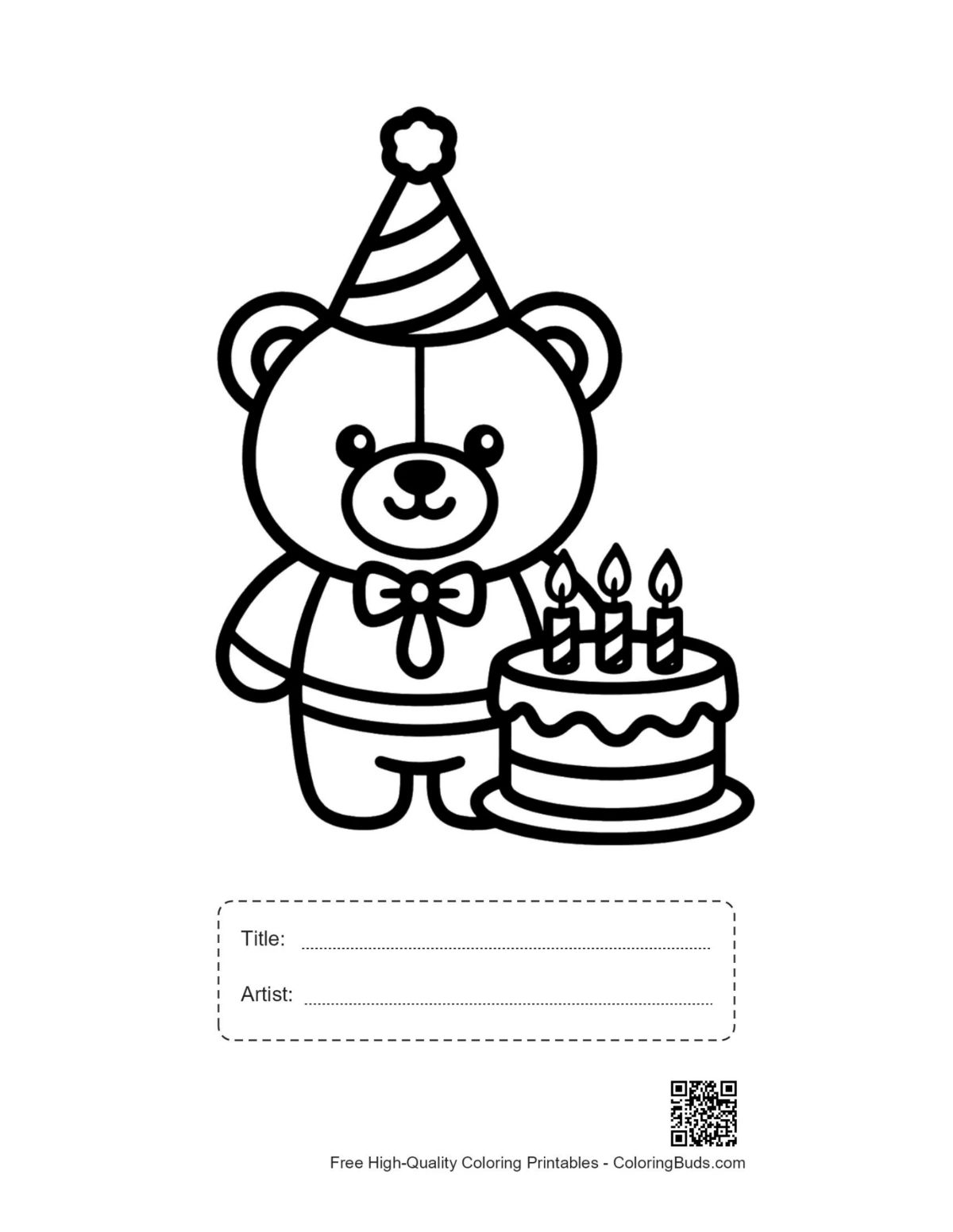 Cheerful teddy bear cake printable with title box