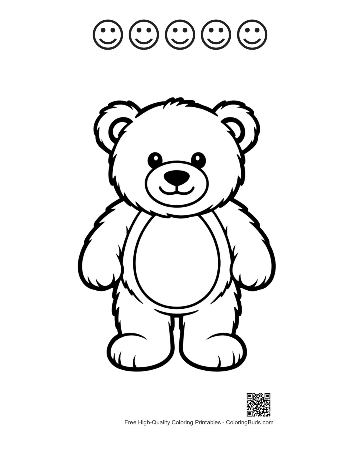 Smiling teddy bear and happy faces outline printable