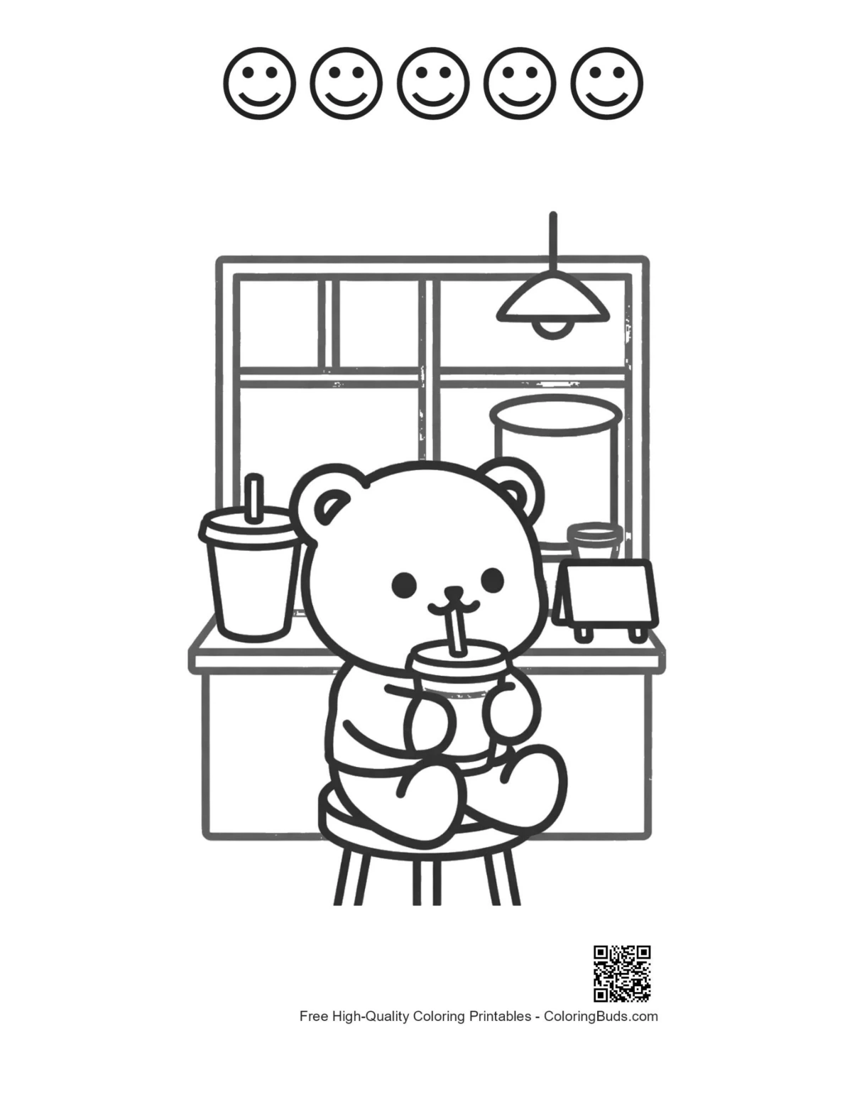 Teddy bear bubble tea printable with 5 happy faces outline