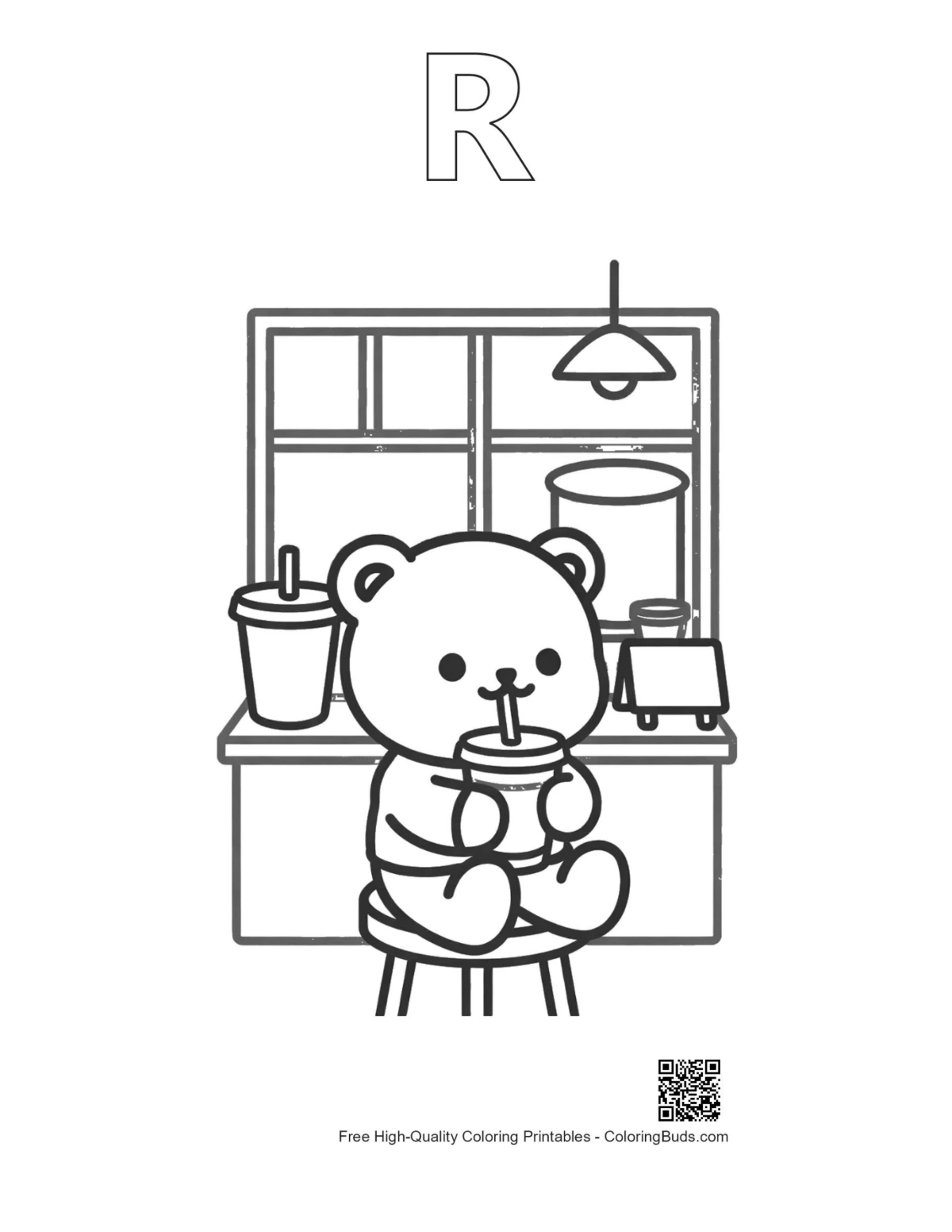 Teddy bear bubble tea outline with alphabet letter R printable