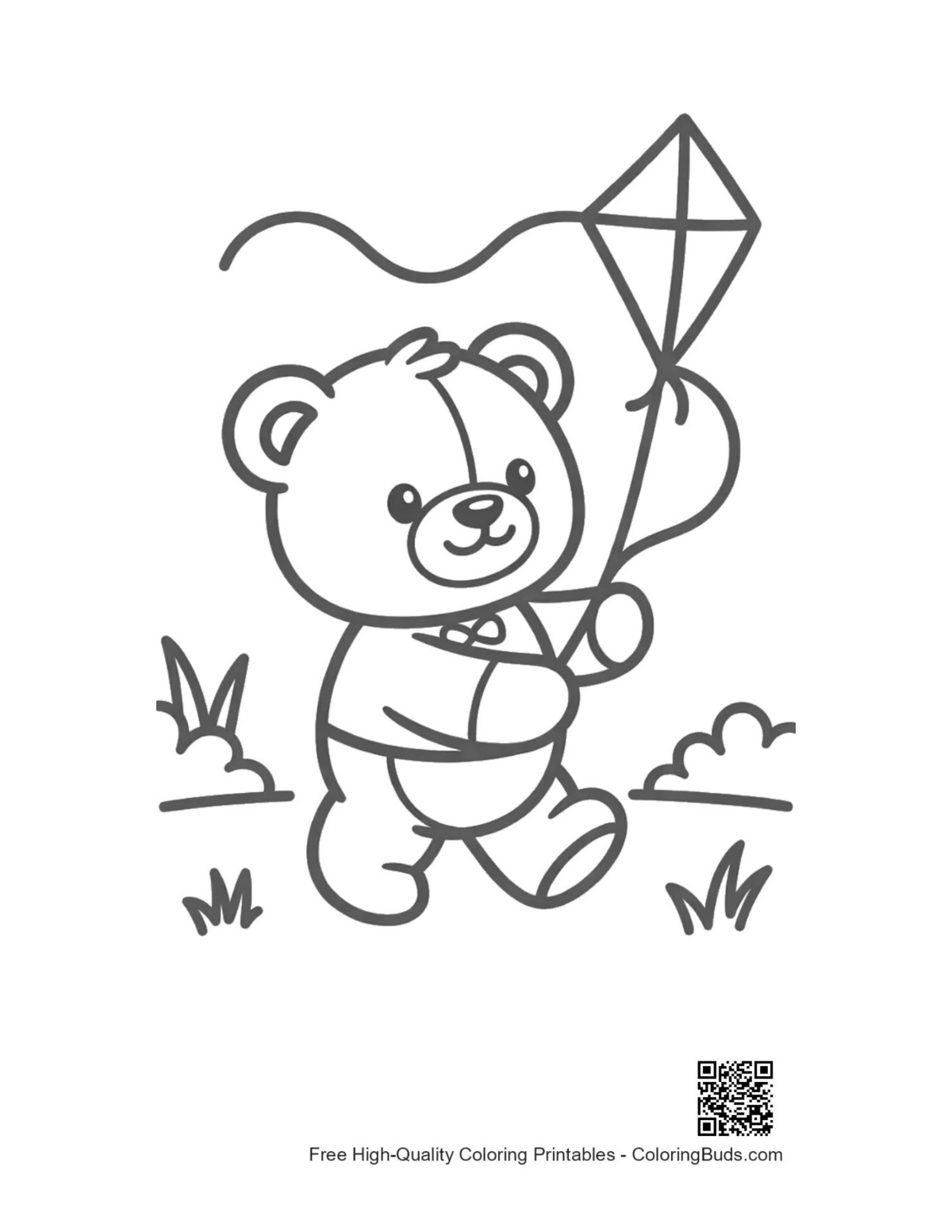 Cute teddy bear with kite coloring page printable
