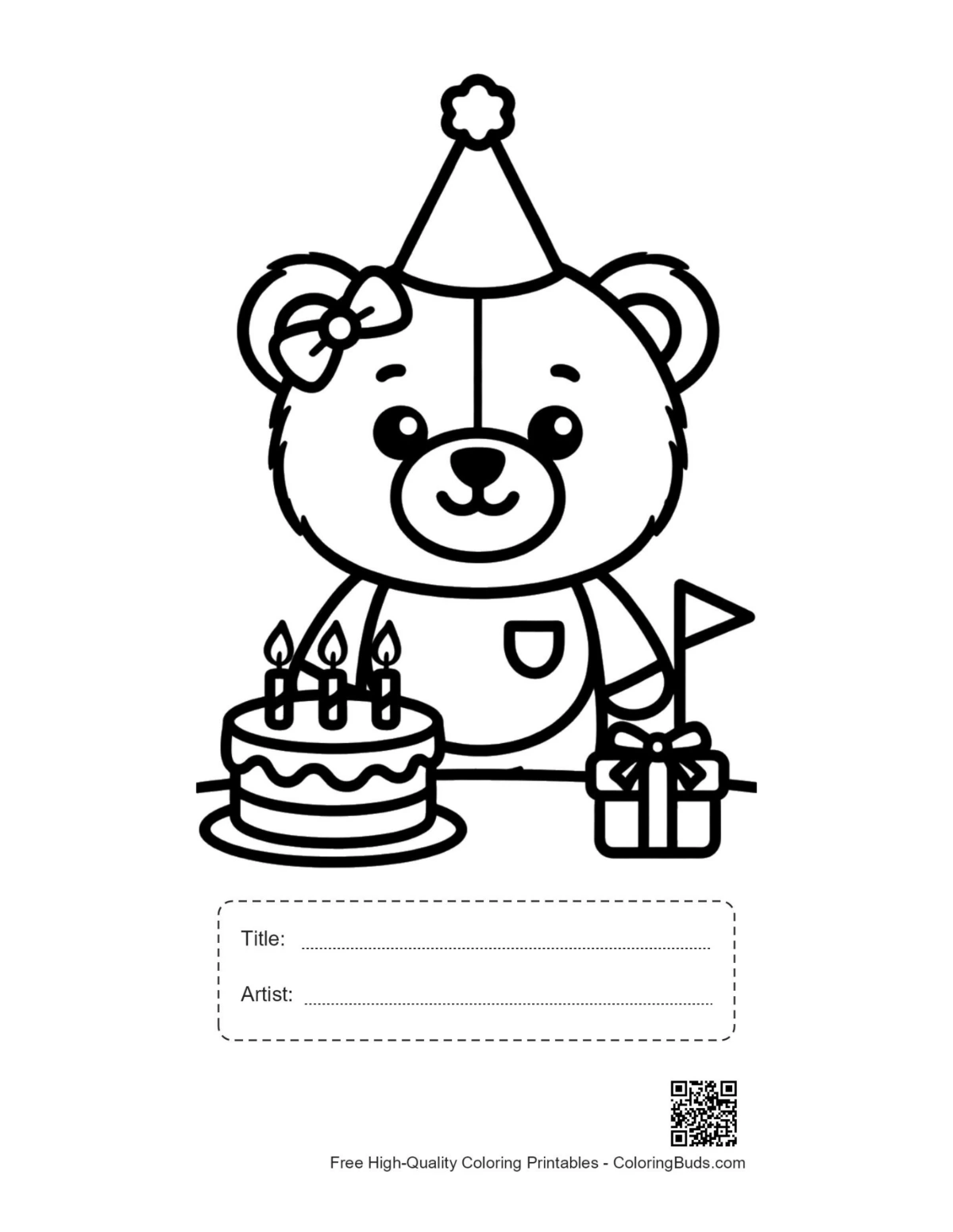 Cute teddy bear coloring printable with title artist box