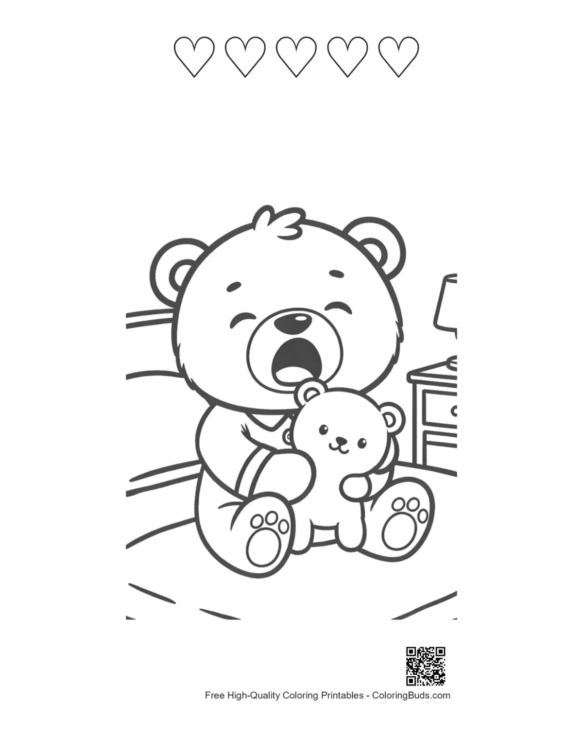Teddy bear with 5 hearts outline printable