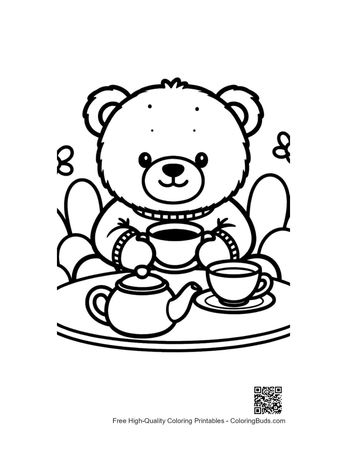 Friendly teddy bear pouring tea teapot coloring printable