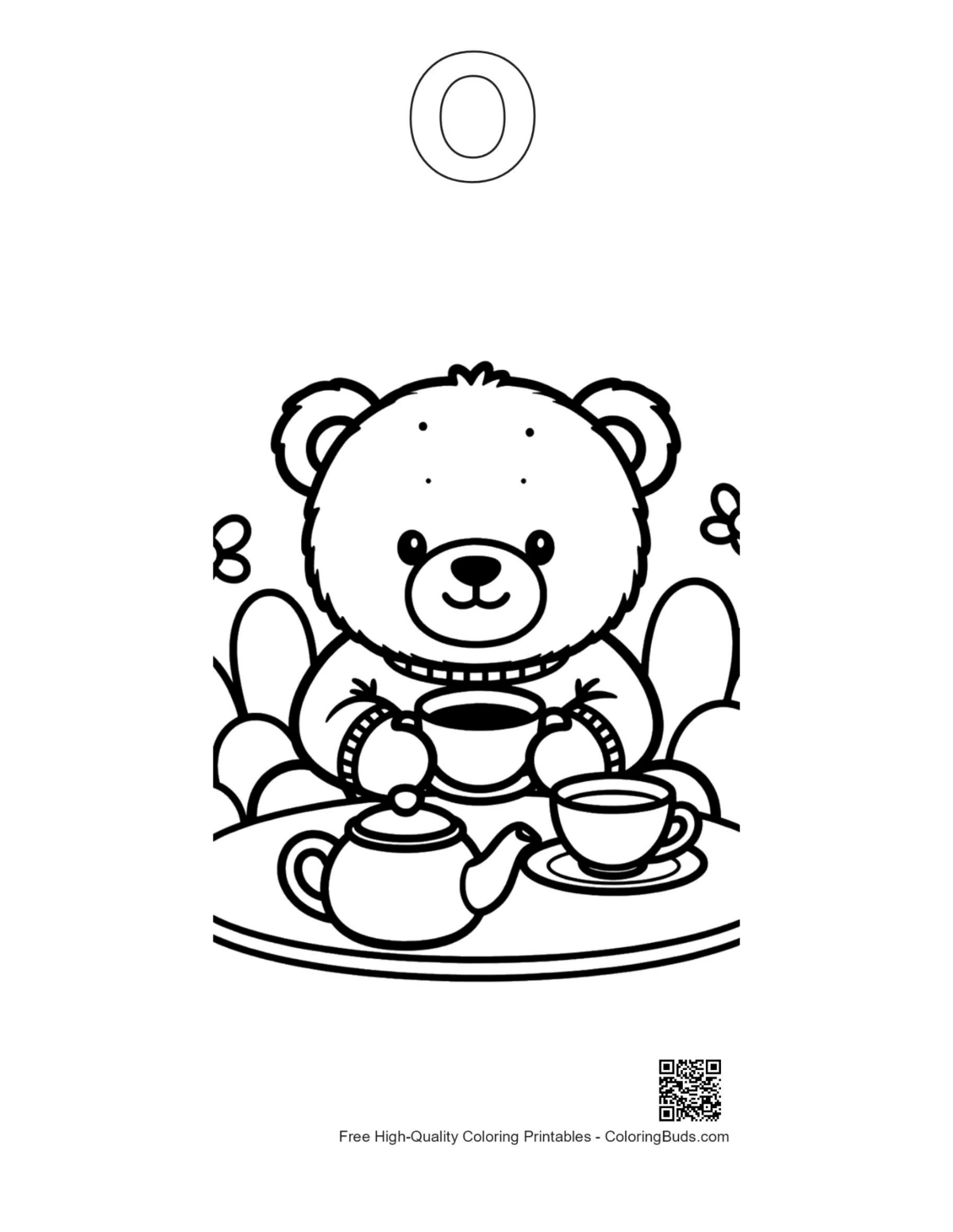 Teddy bear serving tea outline alphabet O coloring page