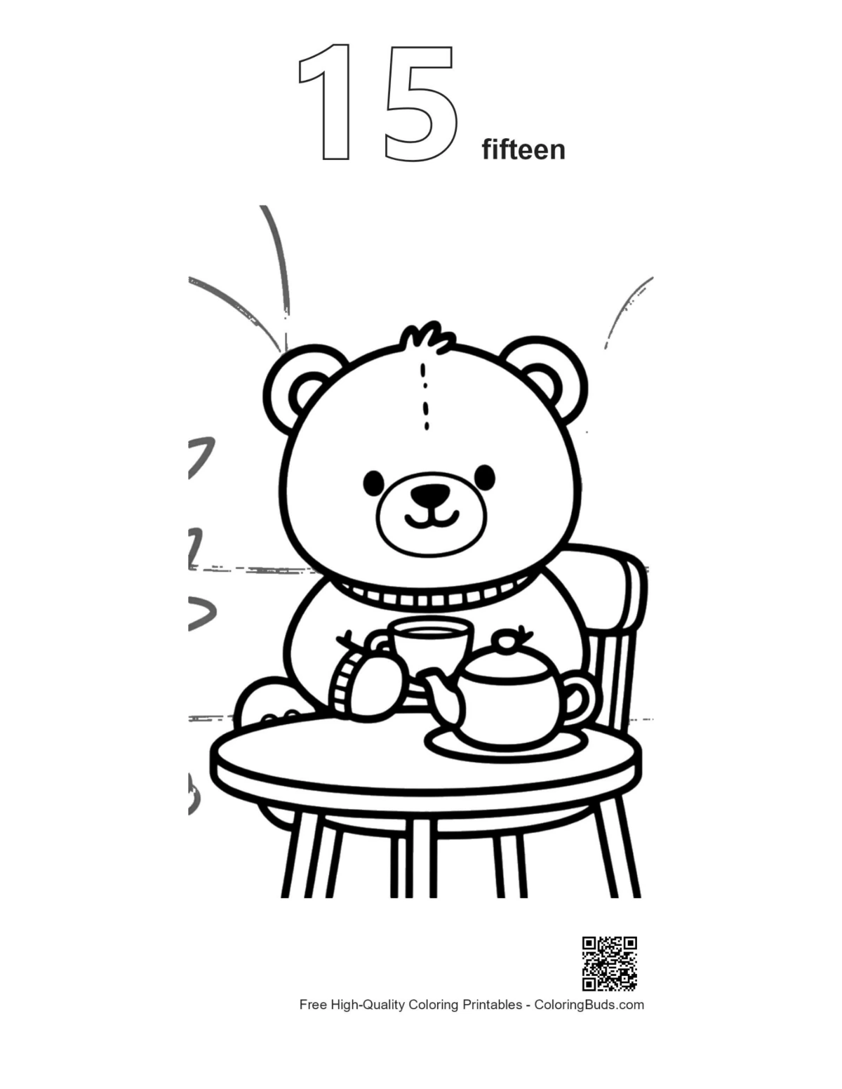 Teddy bear tea table outline numbered 15 printable