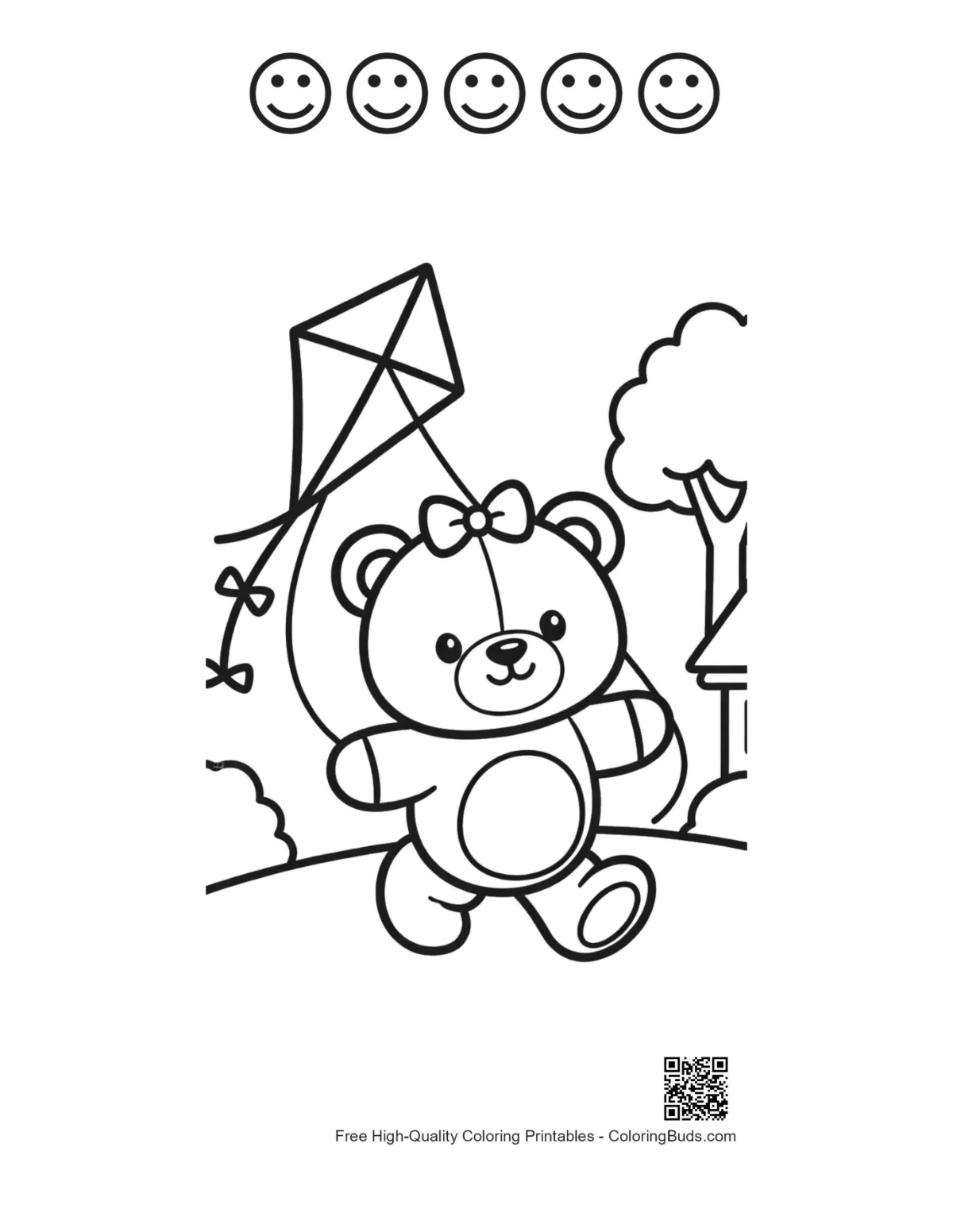 Happy teddy bear kite with 5 face outlines printable