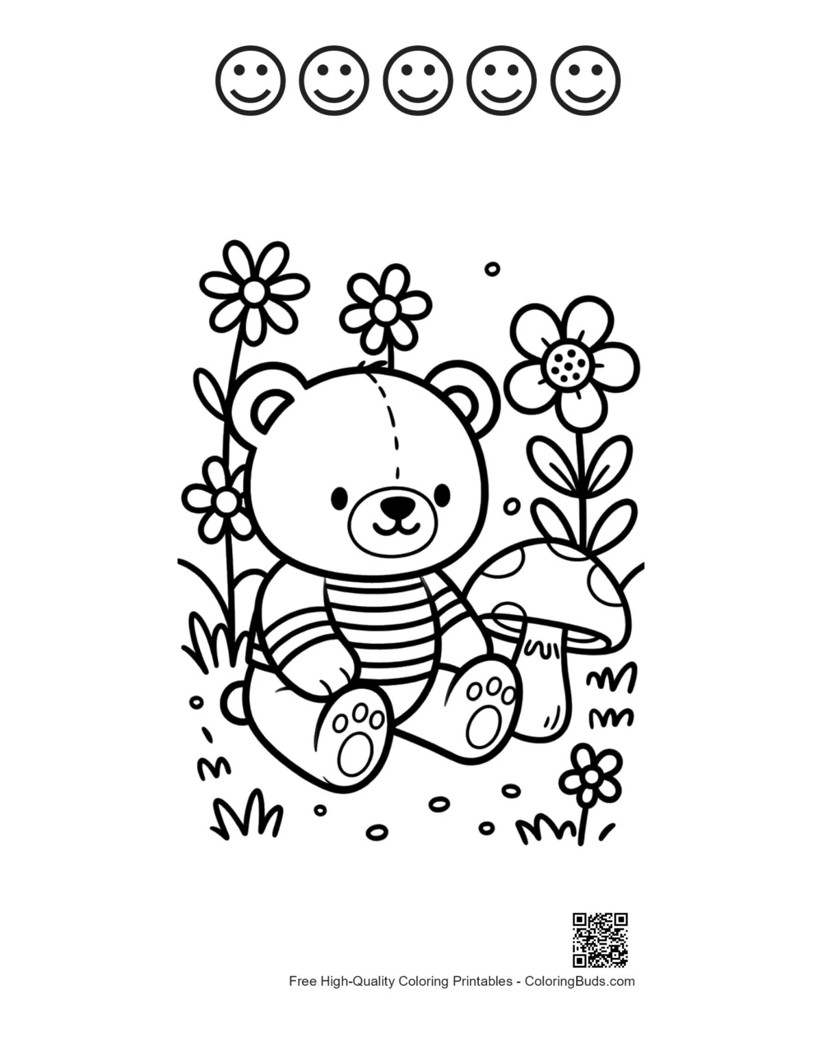 Teddy bear flowers printable with 5 happy faces