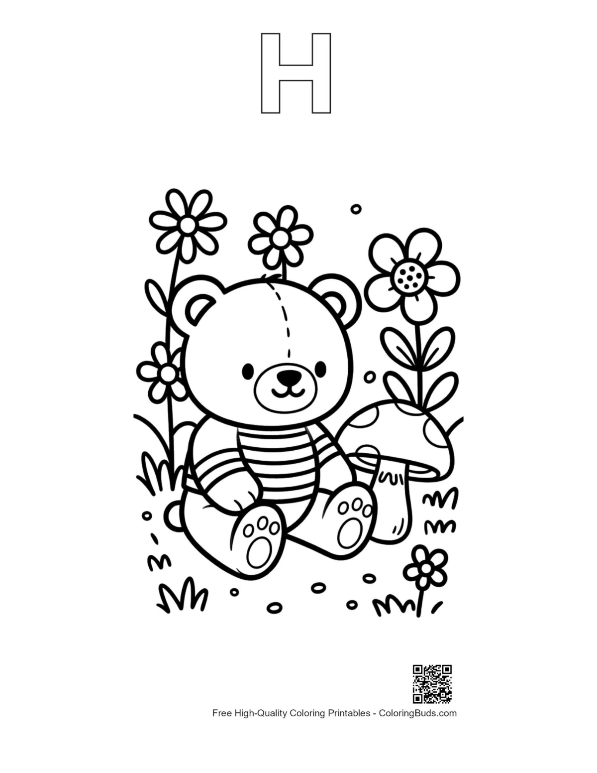 Teddy bear flowers printable with alphabet H outline
