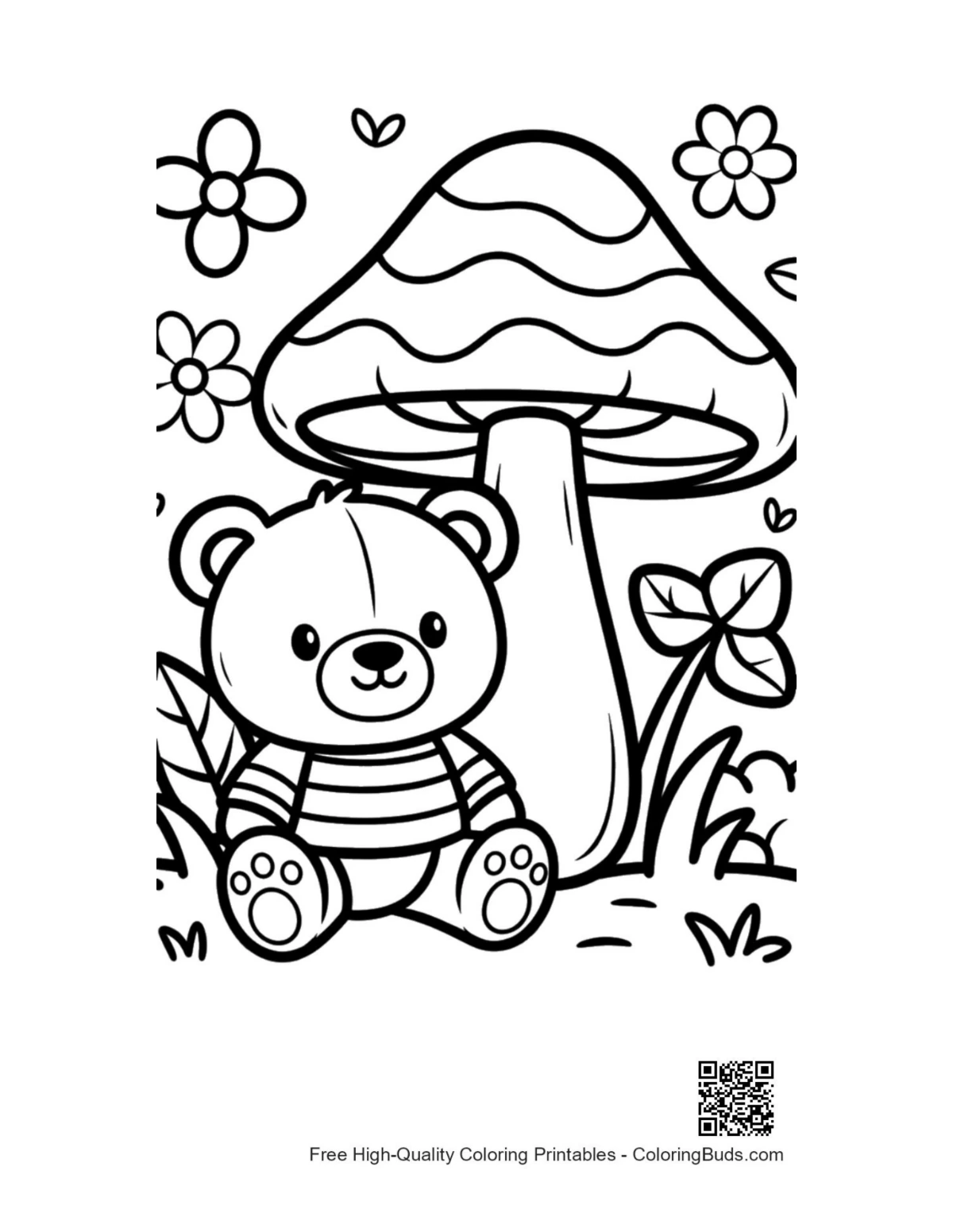 Small teddy bear in magical mushroom field printable