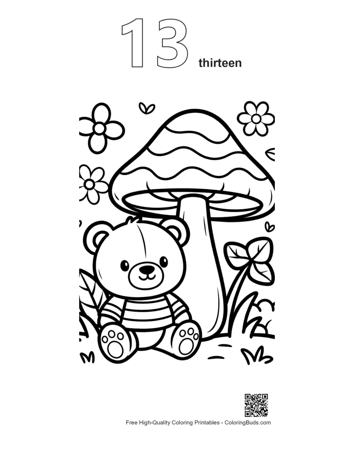 Number 13 teddy bear magical mushroom outline printable