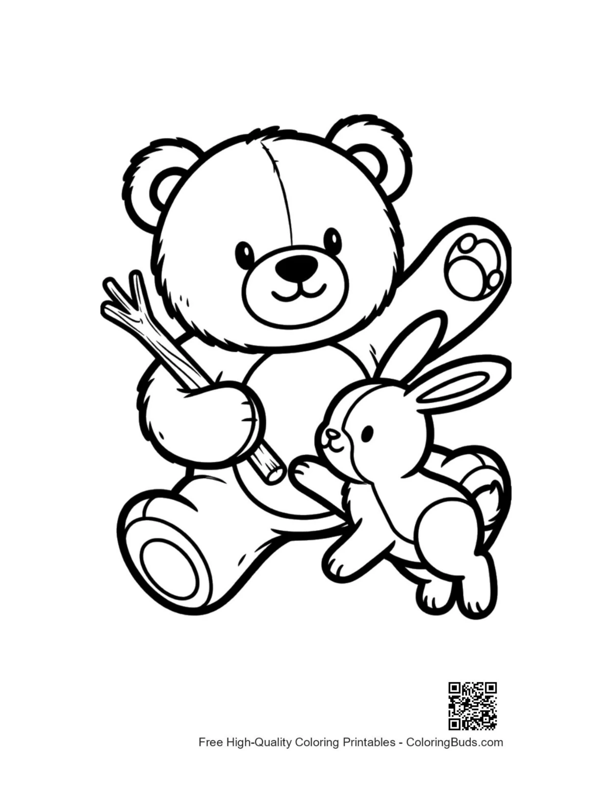 Cute teddy bear and bunny with stick outline
