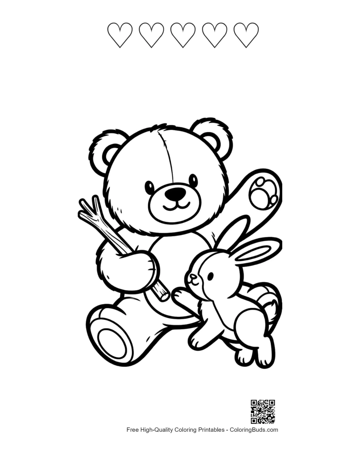 Teddy bear bunny with 5 hearts coloring outline