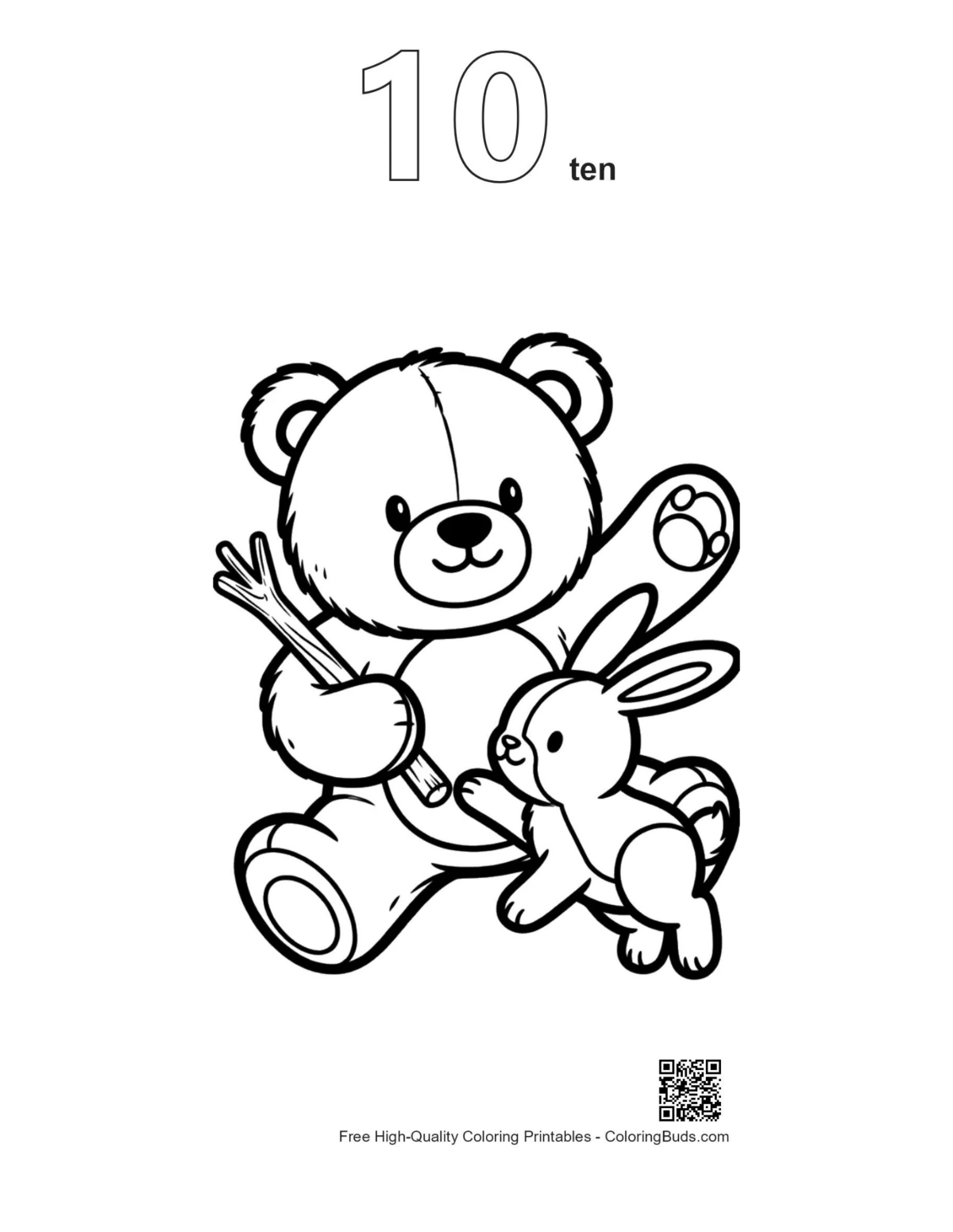 Teddy bear bunny printable with number 10 outline