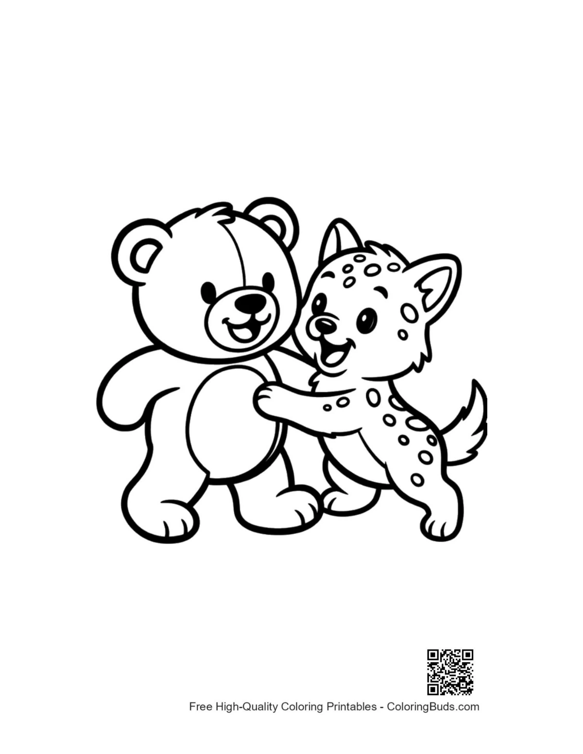 Cute teddy bear hugging spotted puppy illustration