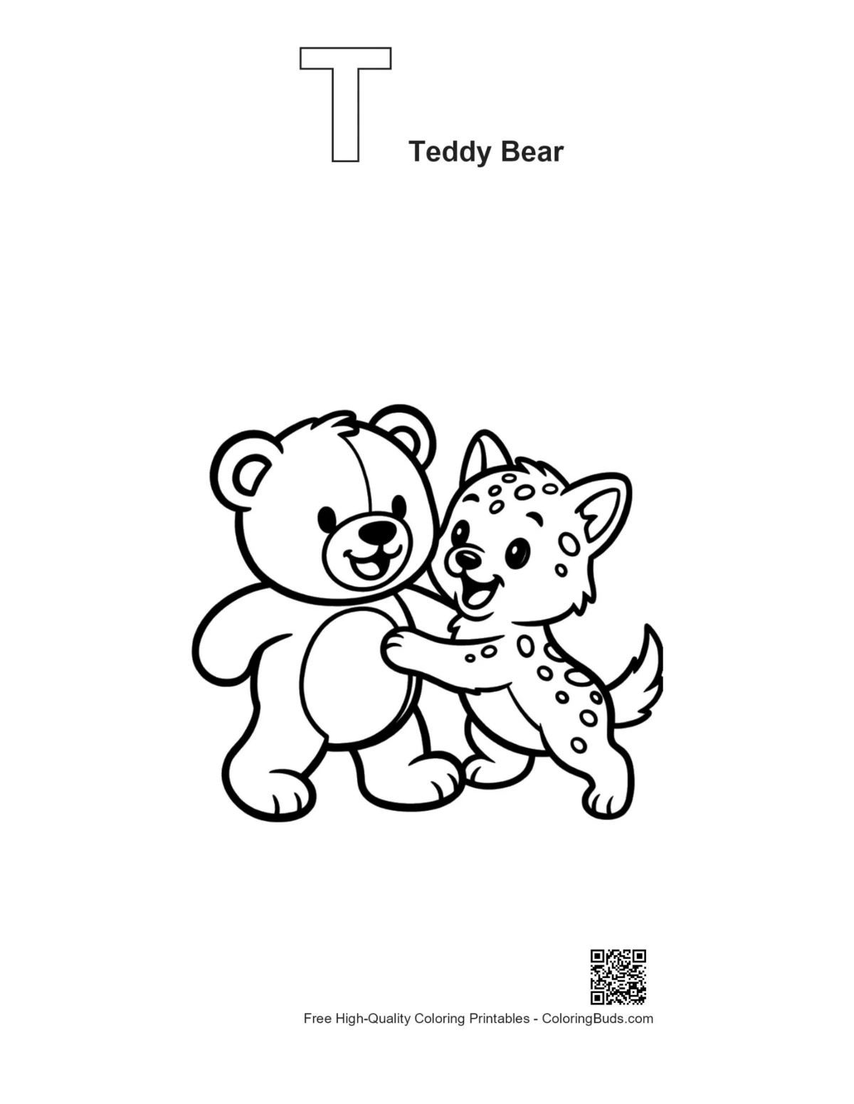 Outline teddy bear hugging puppy with T alphabet