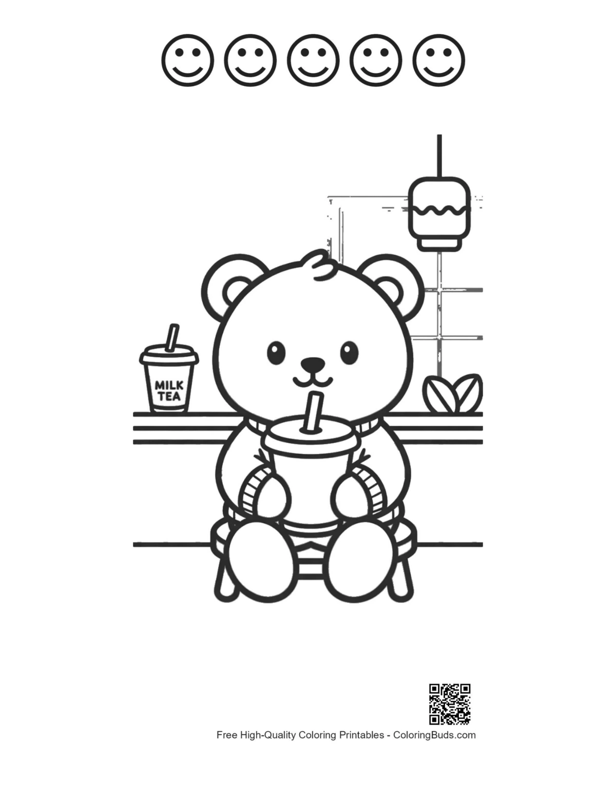 Teddy bear with 5 happy faces outline