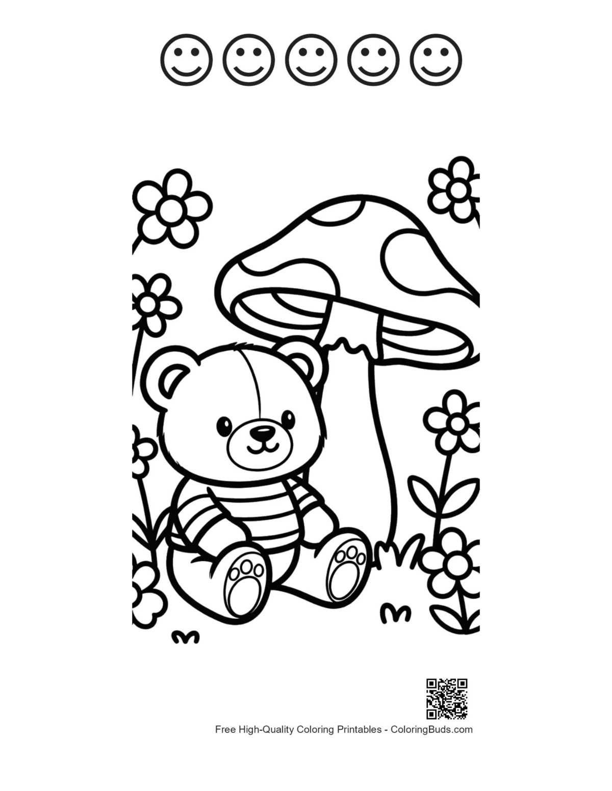 Printable teddy bear under mushroom with happy faces