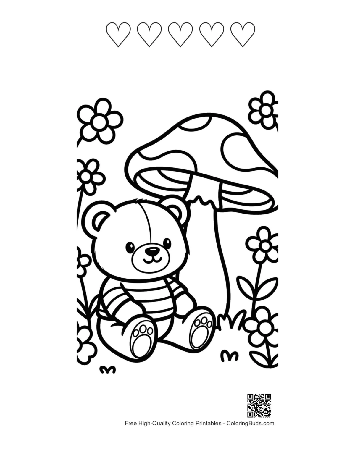 Teddy bear garden printable with 5 heart outlines