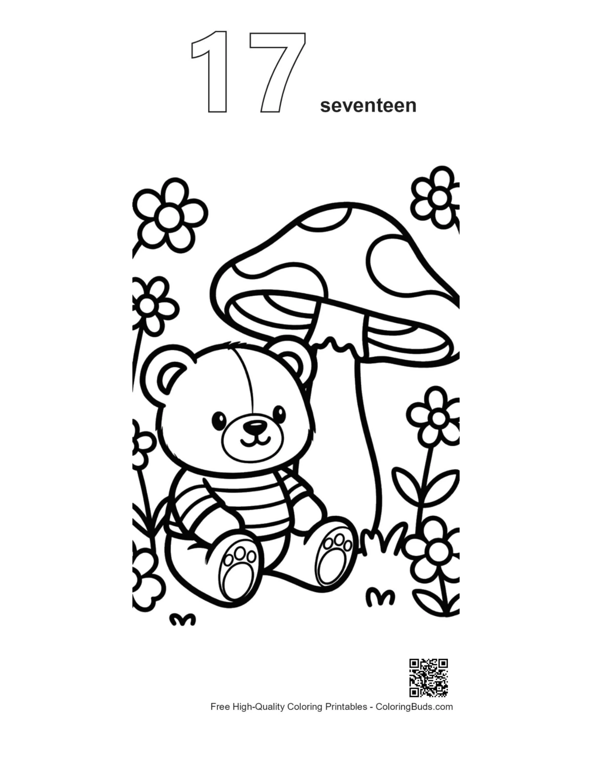 Numbered outline teddy bear under mushroom garden printable